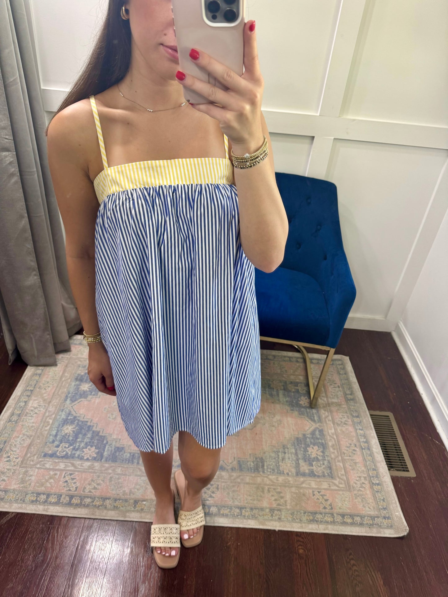 Blue and yellow striped dress