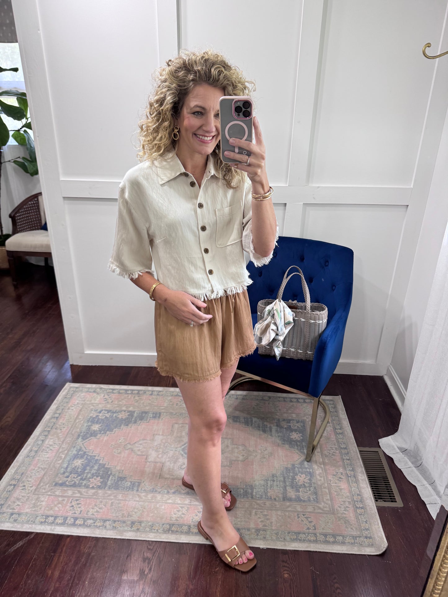 Taupe frayed button blouse
