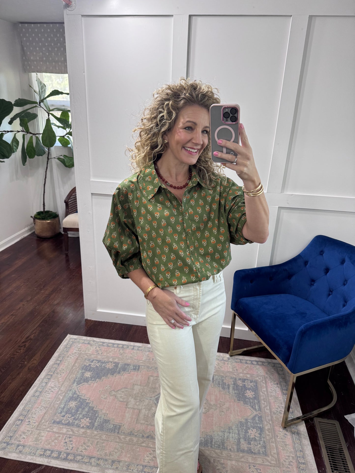 Olive poplin floral blouse