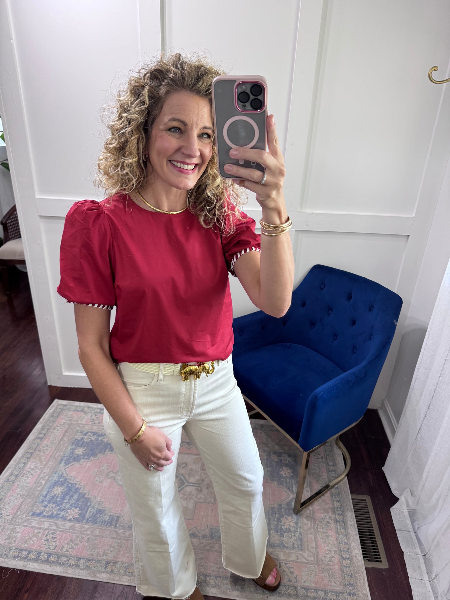 Crimson and white puff sleeve blouse