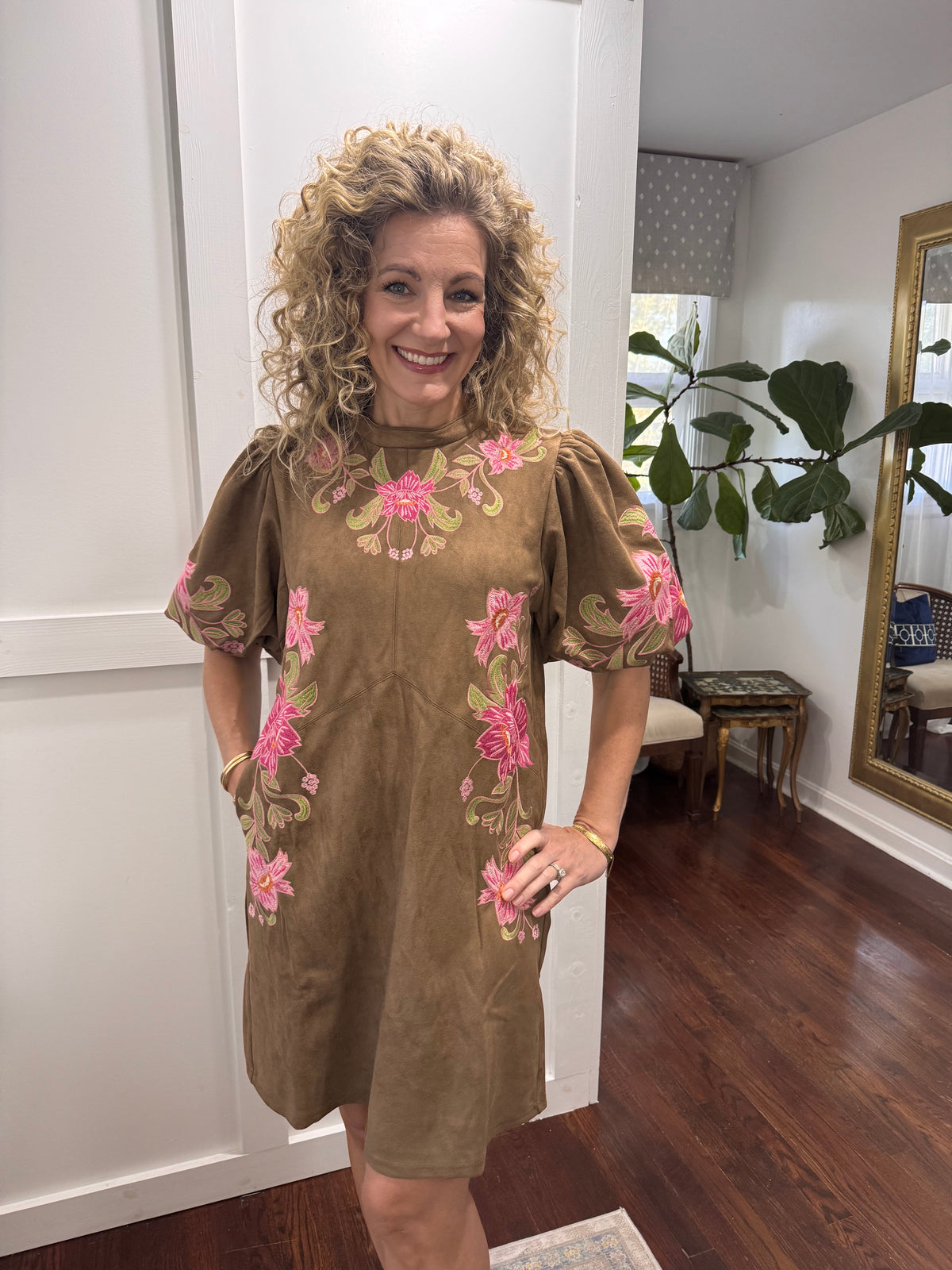 Tan suede floral dress