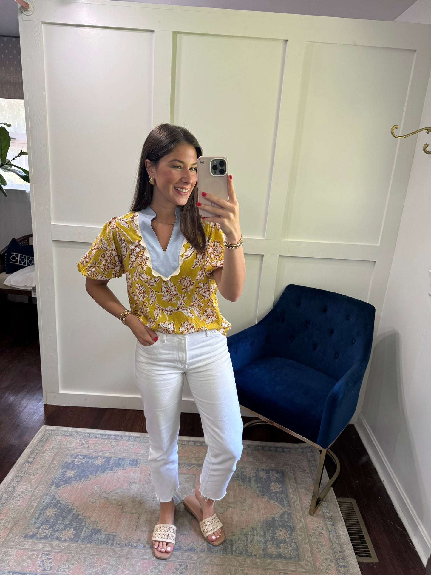 Yellow and brown floral top