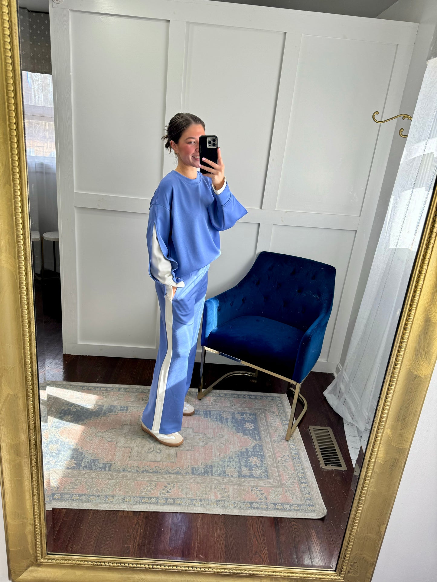 Cornflower blue and white contrast top