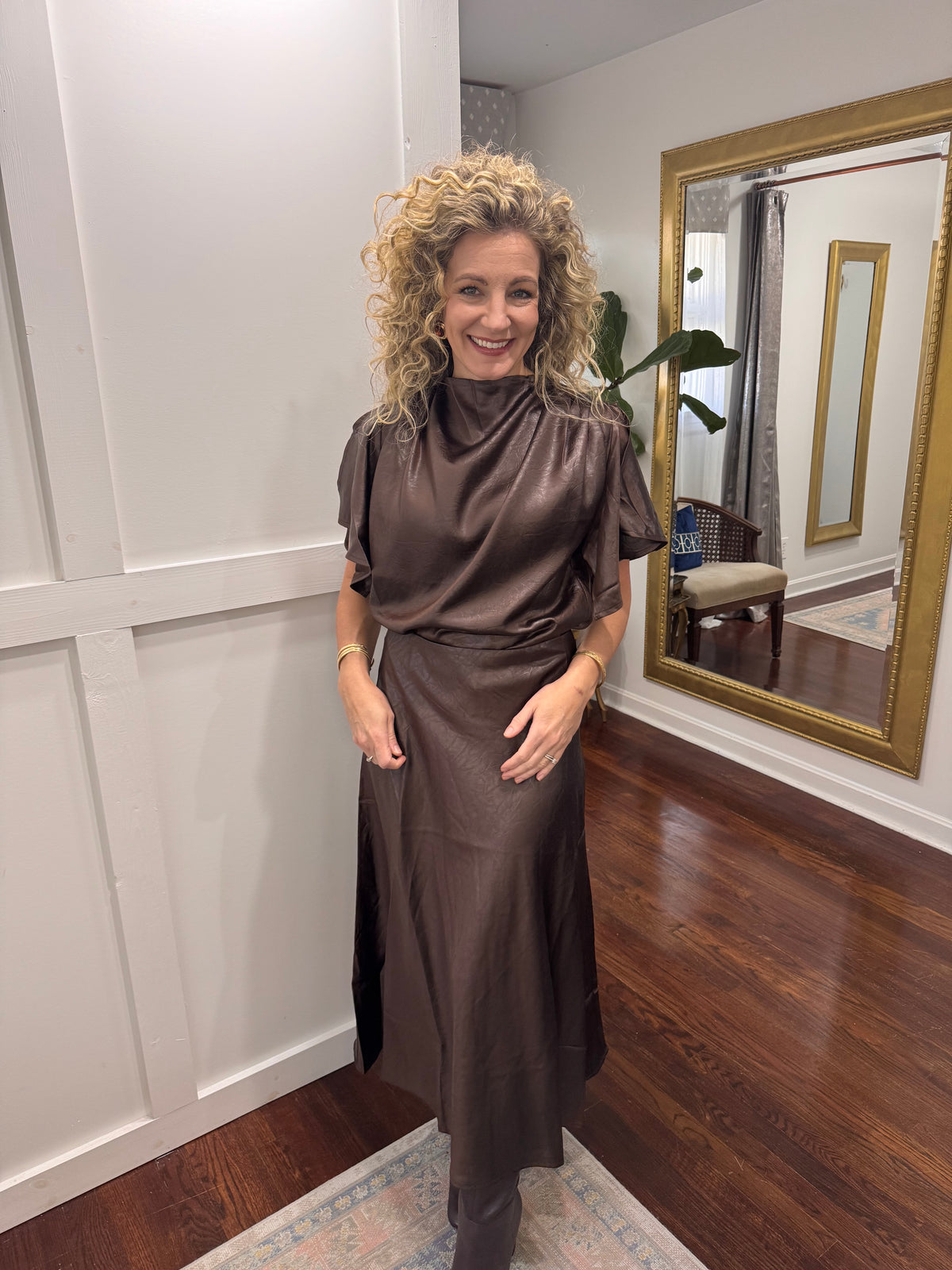 Chocolate leather satin blouse