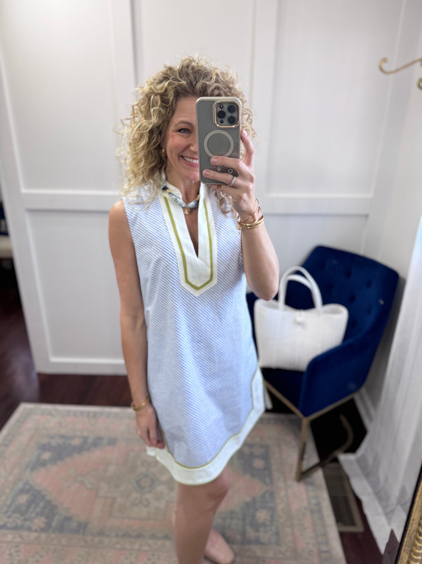 Blue striped shift dress