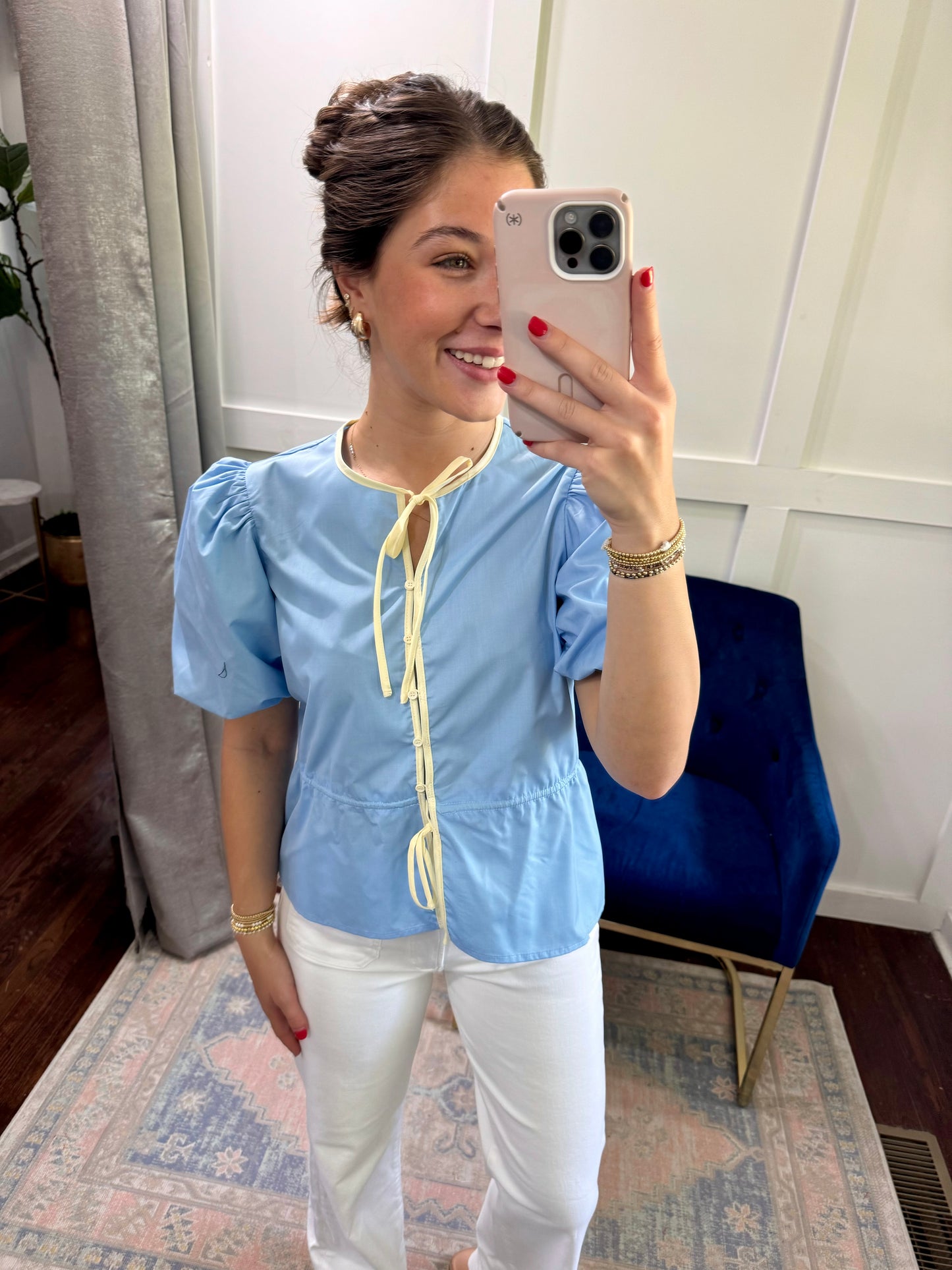 Light blue bow front top