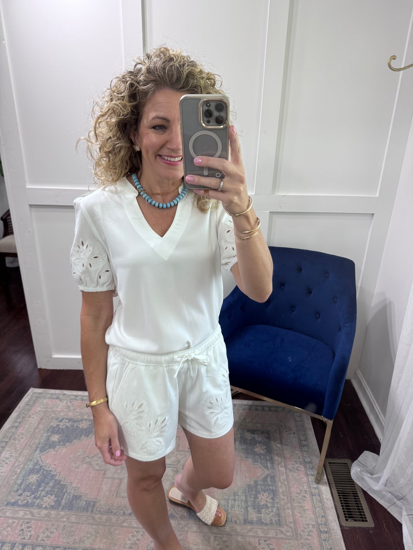 White eyelet embroidery shorts
