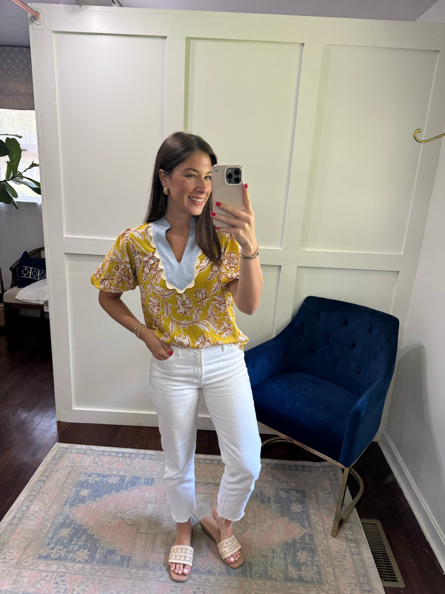 Yellow and brown floral top