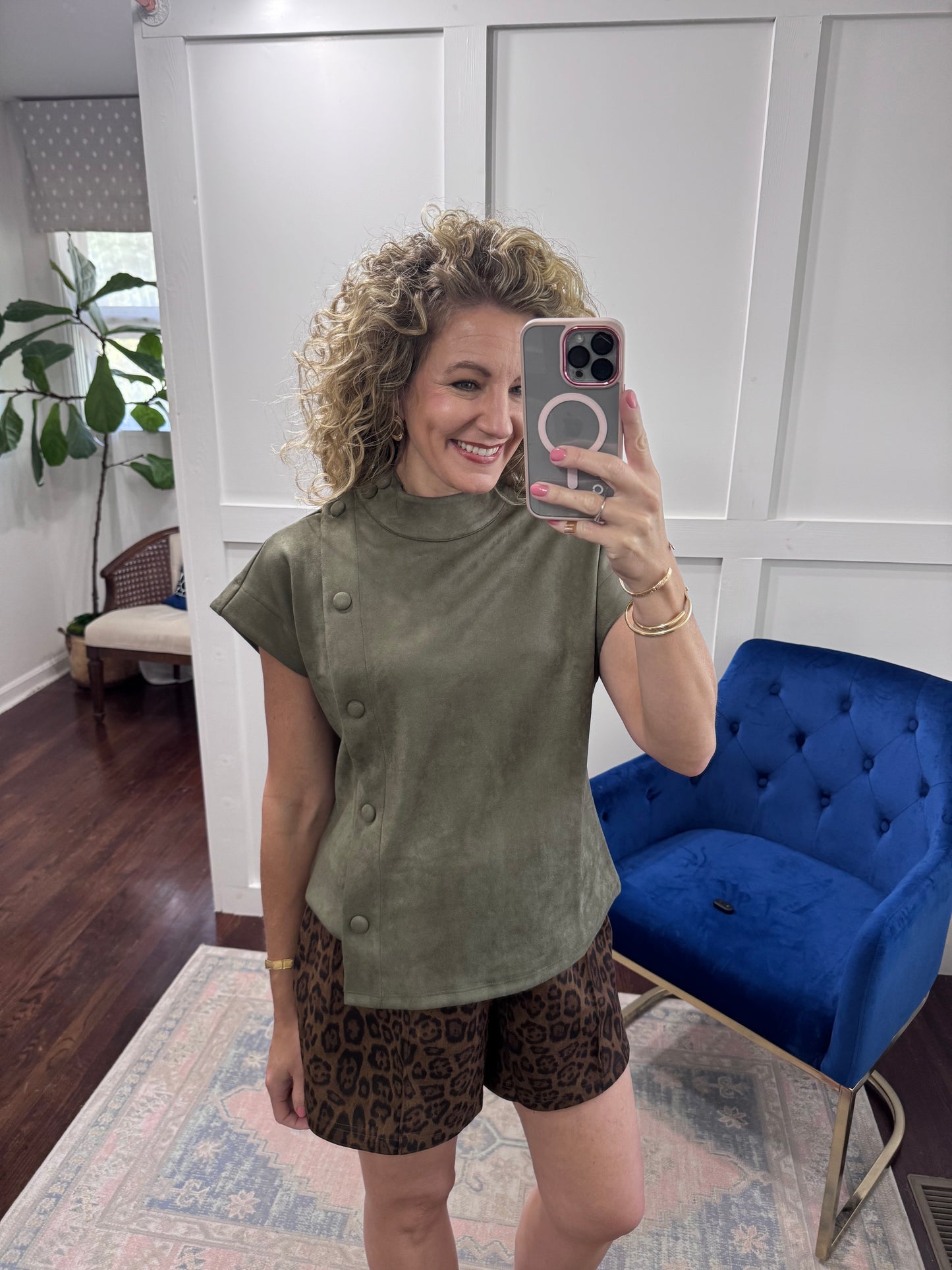 Olive suede button top