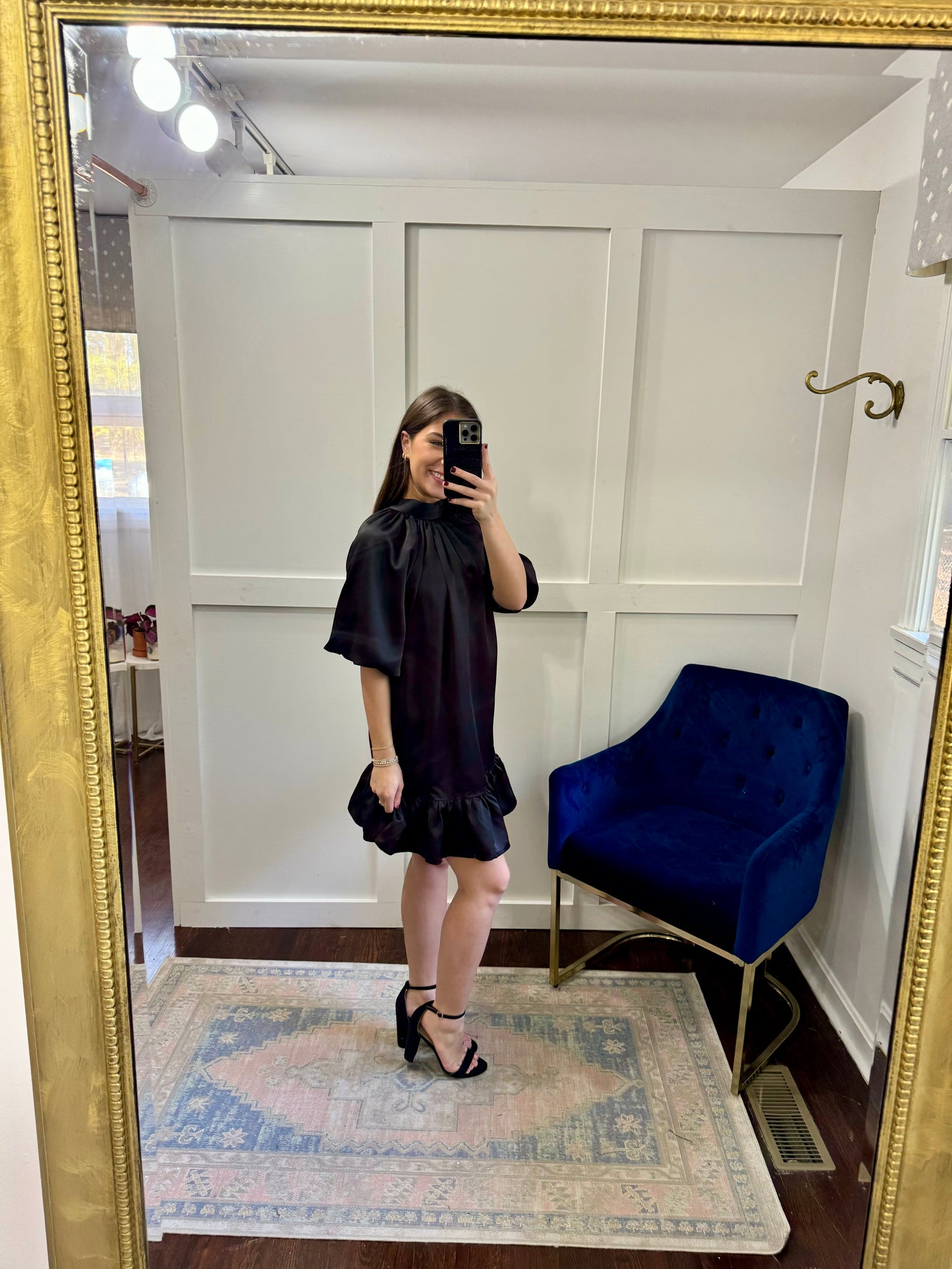 Black satin puff sleeve dress
