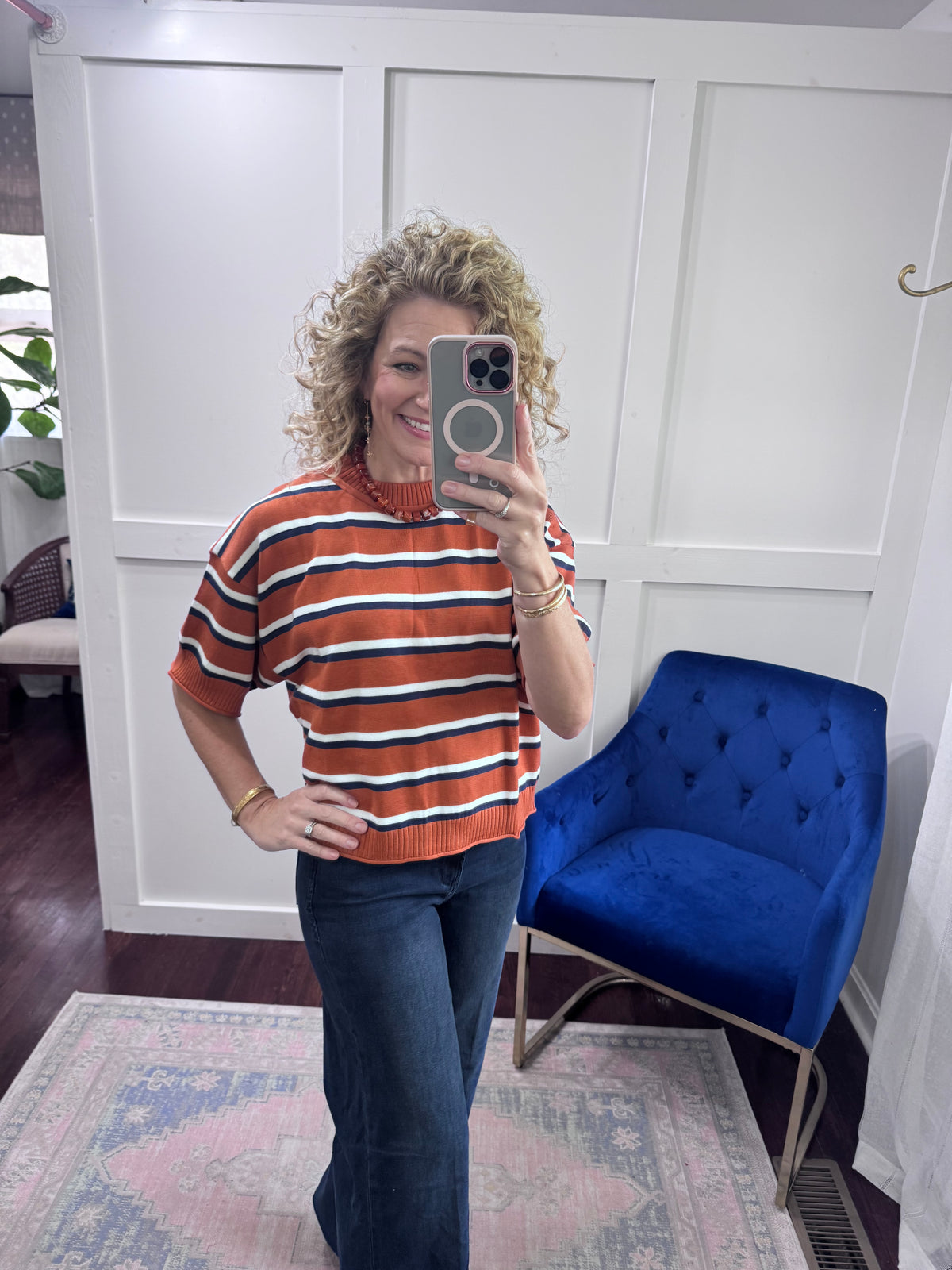 Navy and orange striped sweater