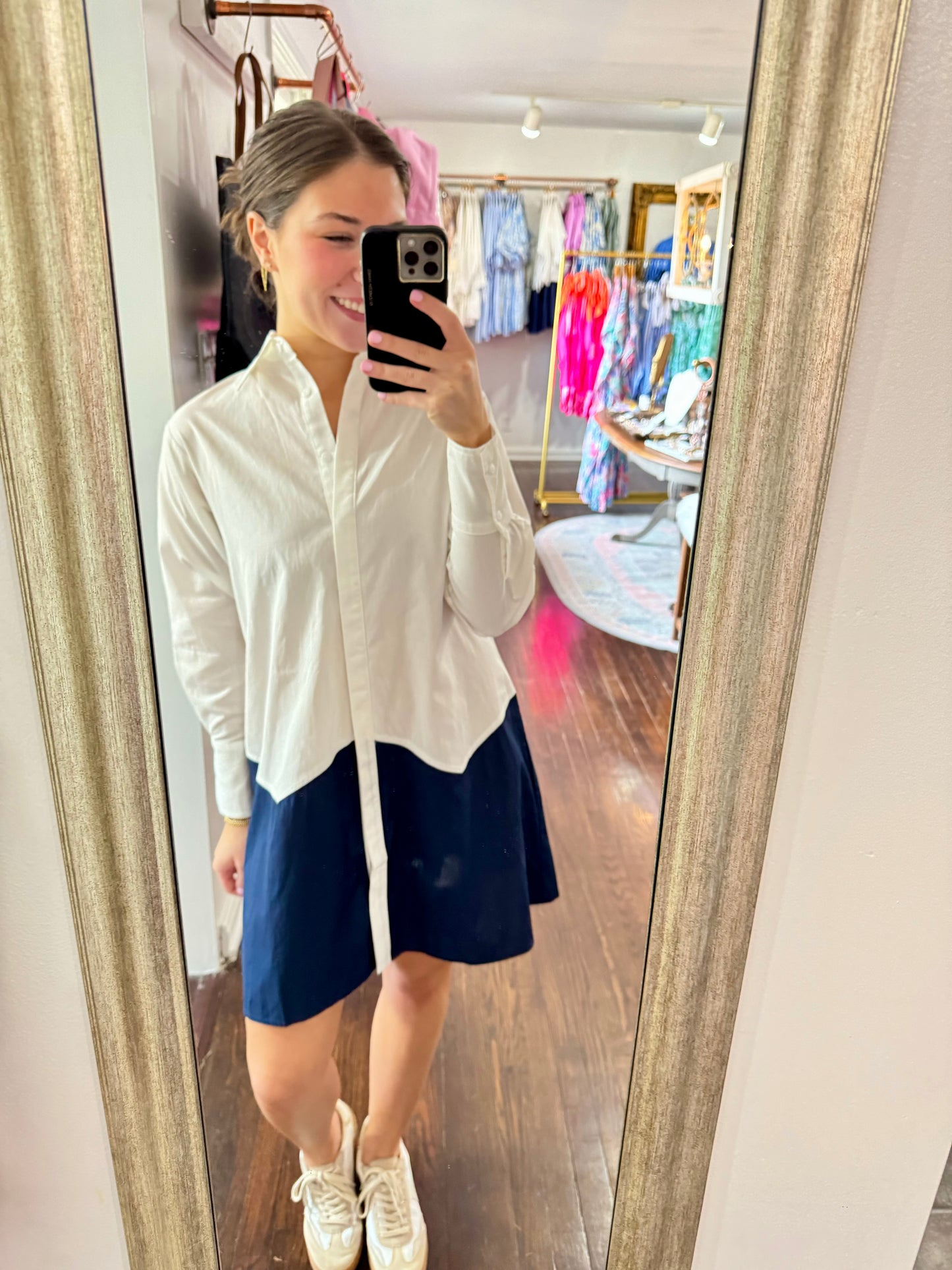 White and navy poplin dress