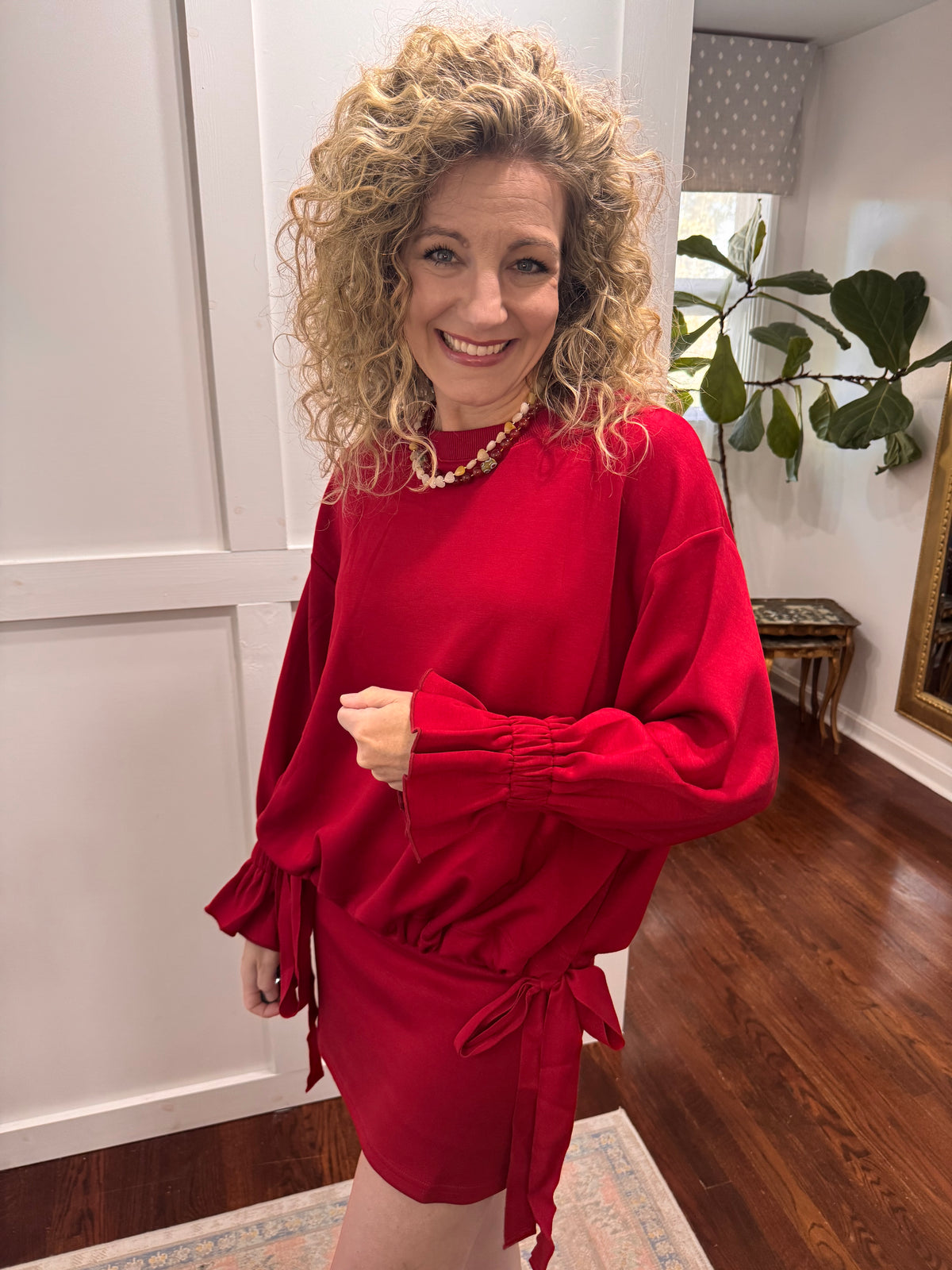 Cherry red tie waist pullover