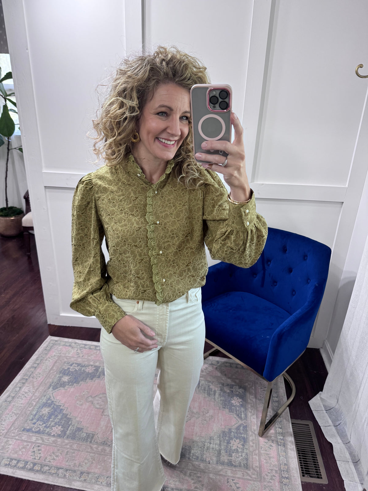 Olive printed lace blouse