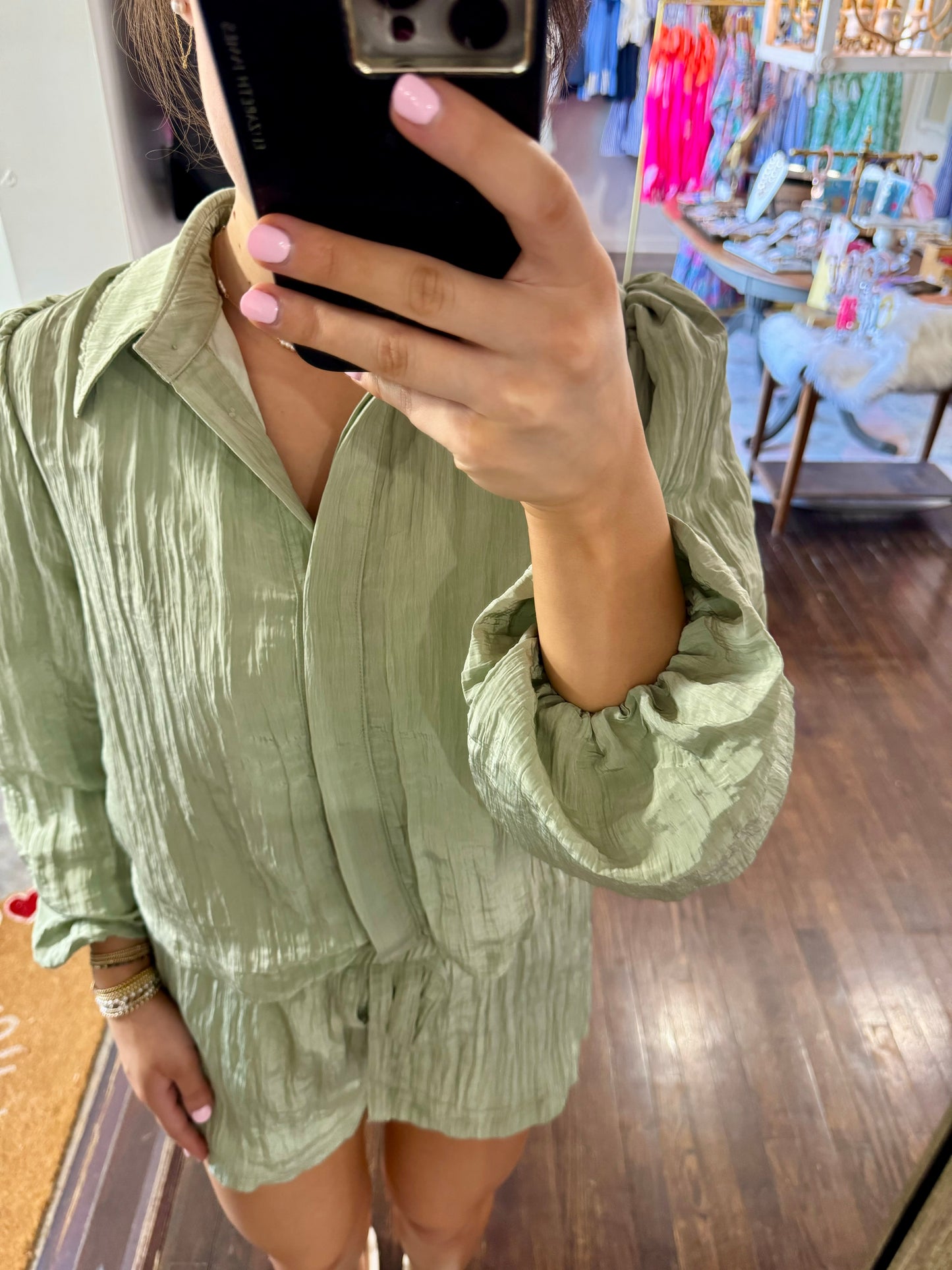 Sage crinkle button front top