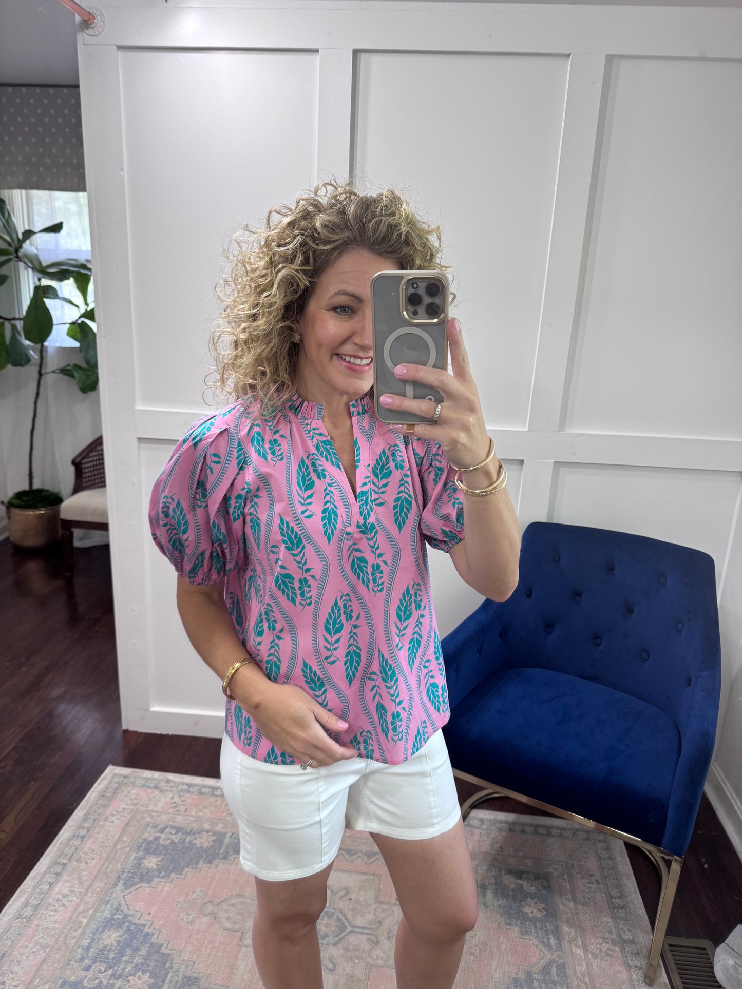 Pink teal botanical top