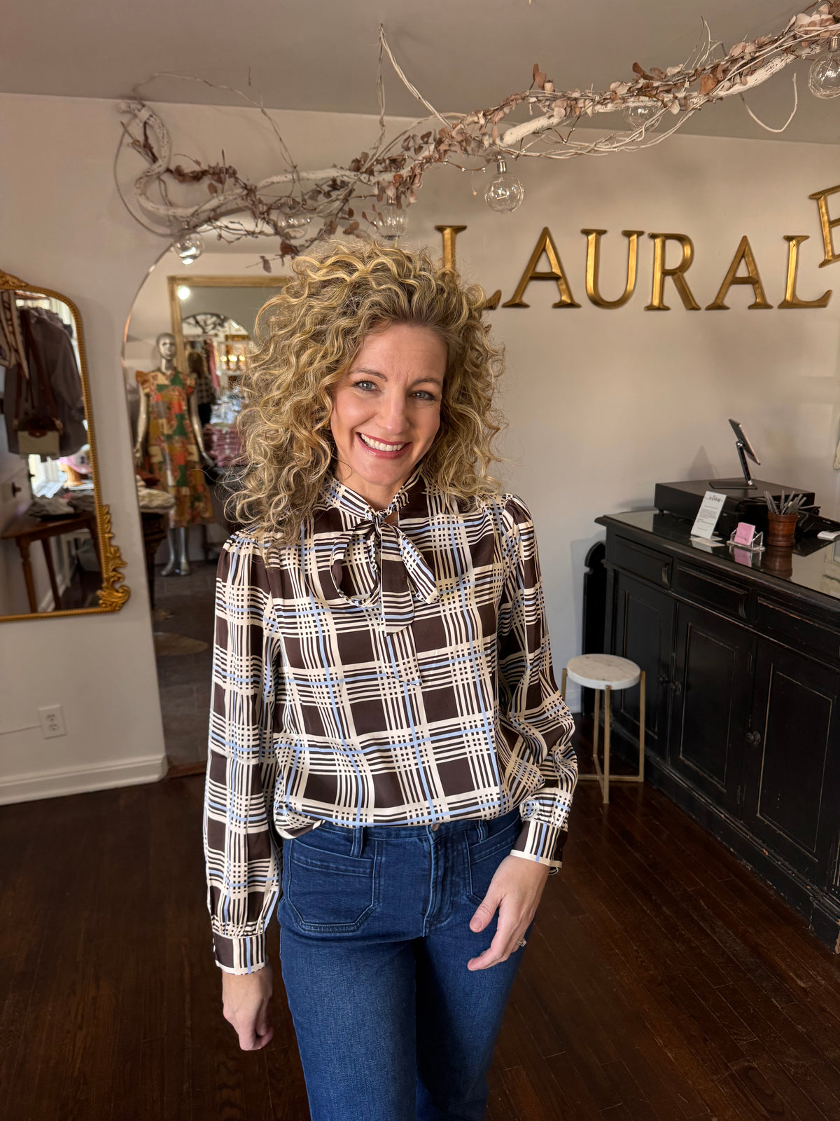 Brown blue plaid tie neck blouse