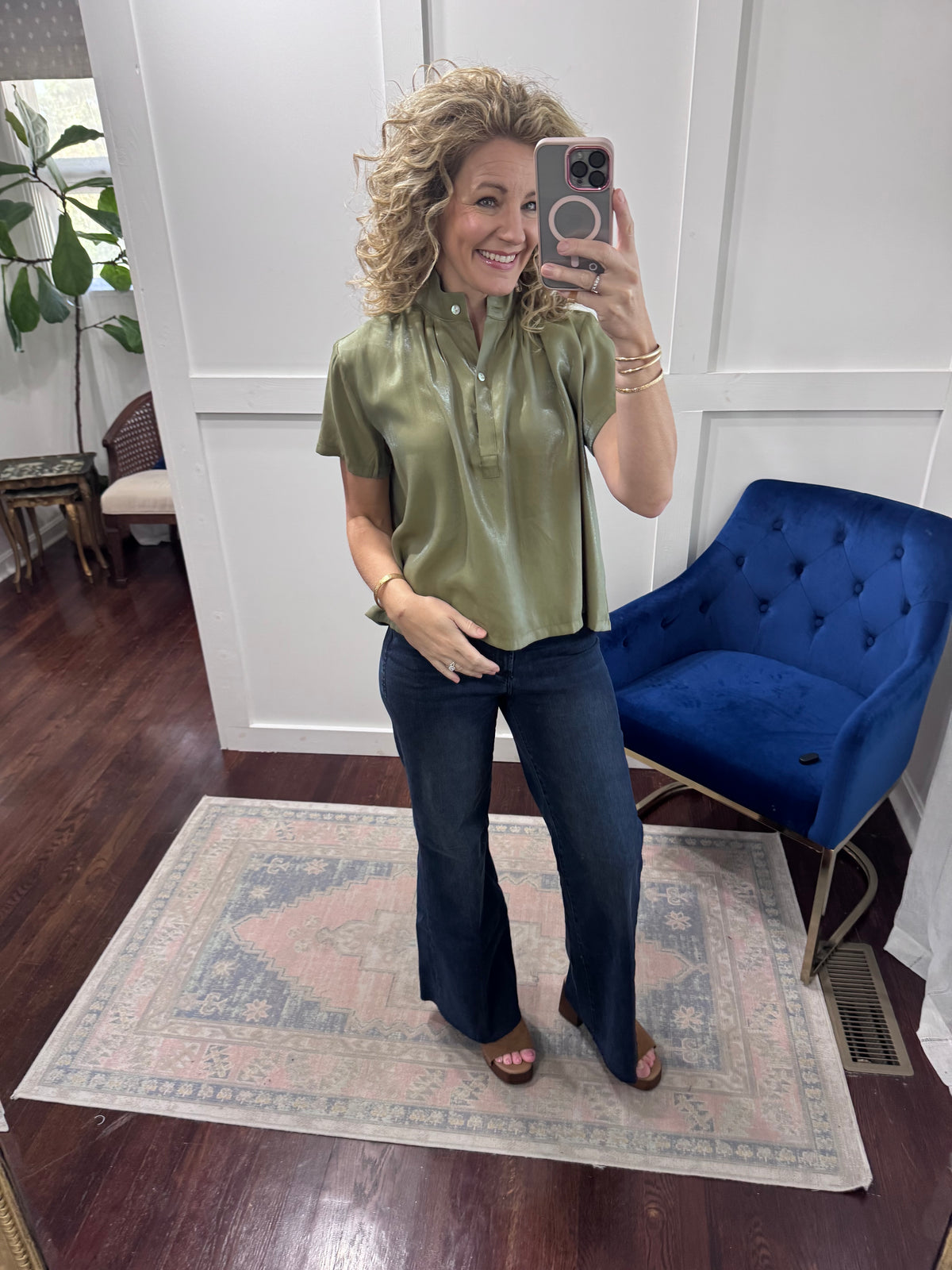 Sage green stand collar top