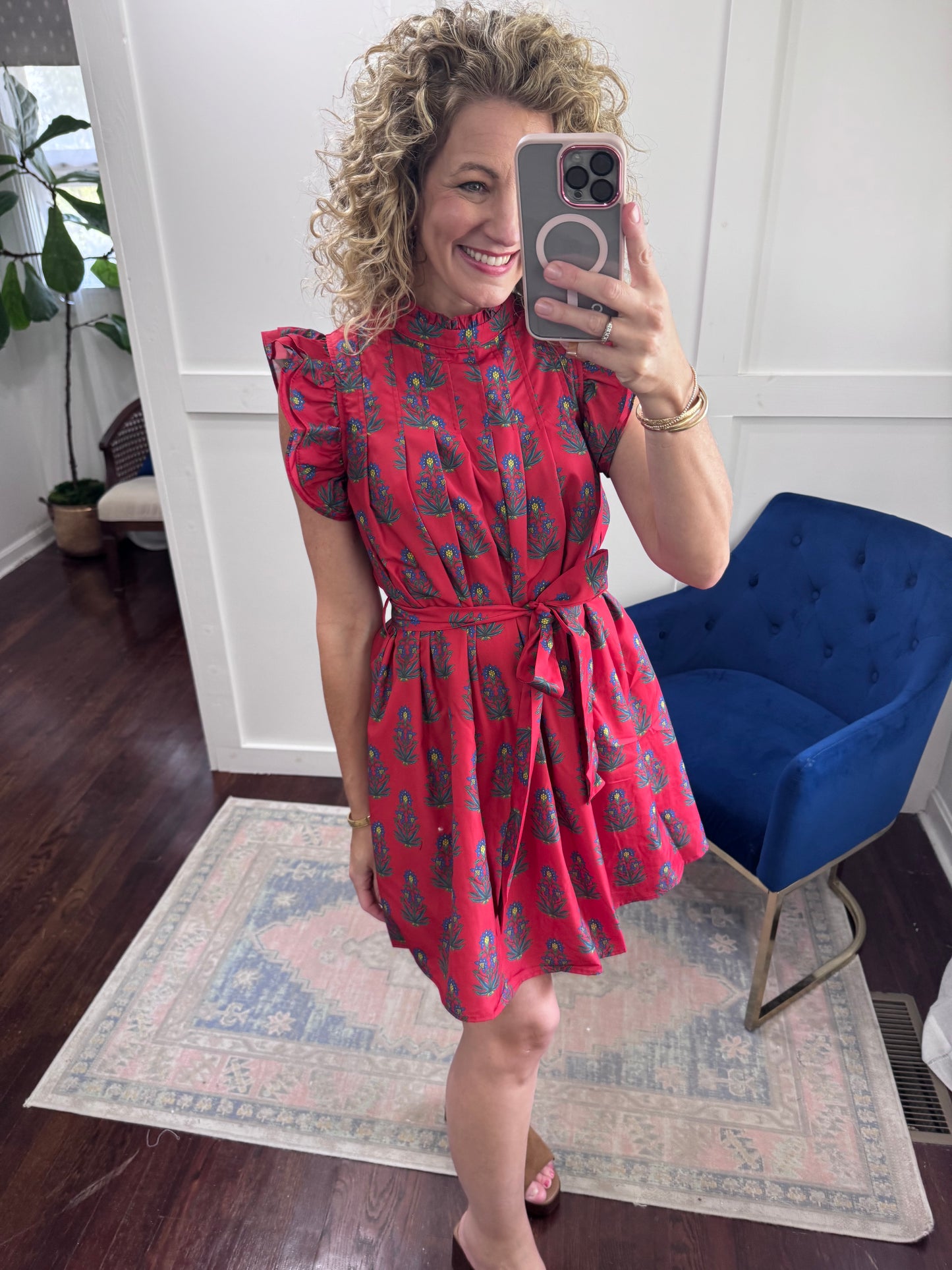 Crimson and blue floral dress