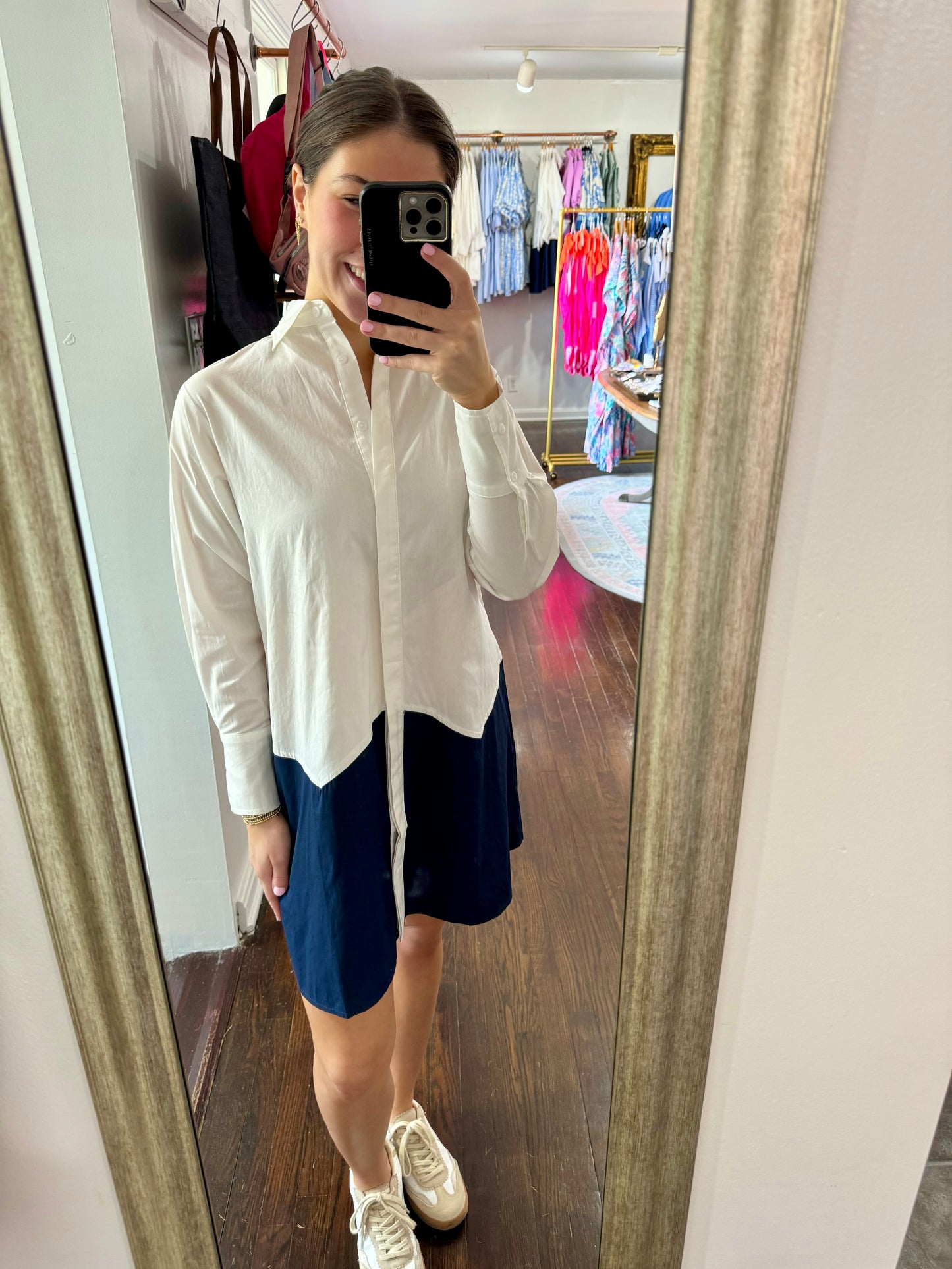 White and navy poplin dress