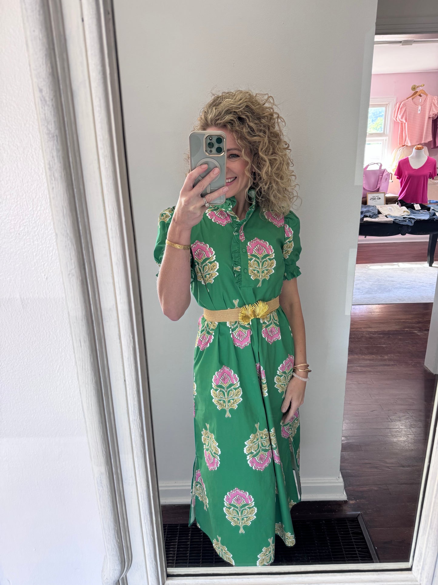 Green floral motif midi
