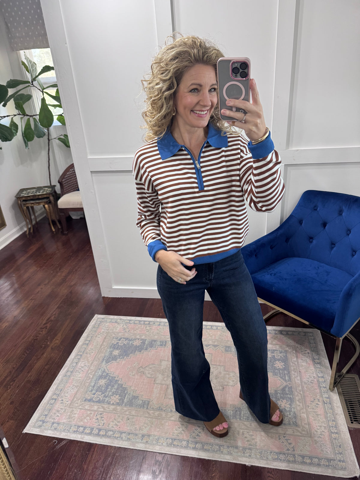 Brown white blue sweater
