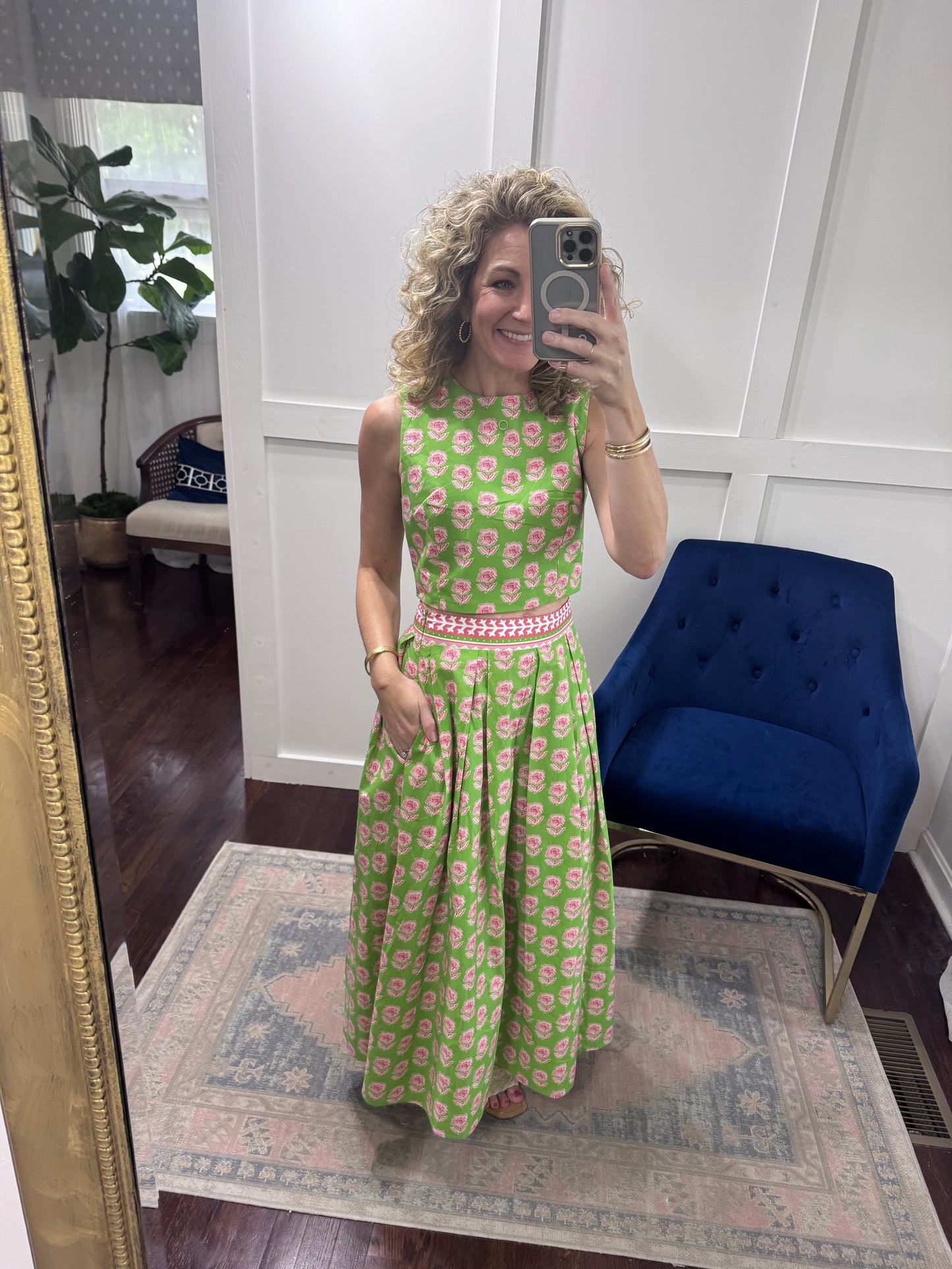 Green and pink floral skirt
