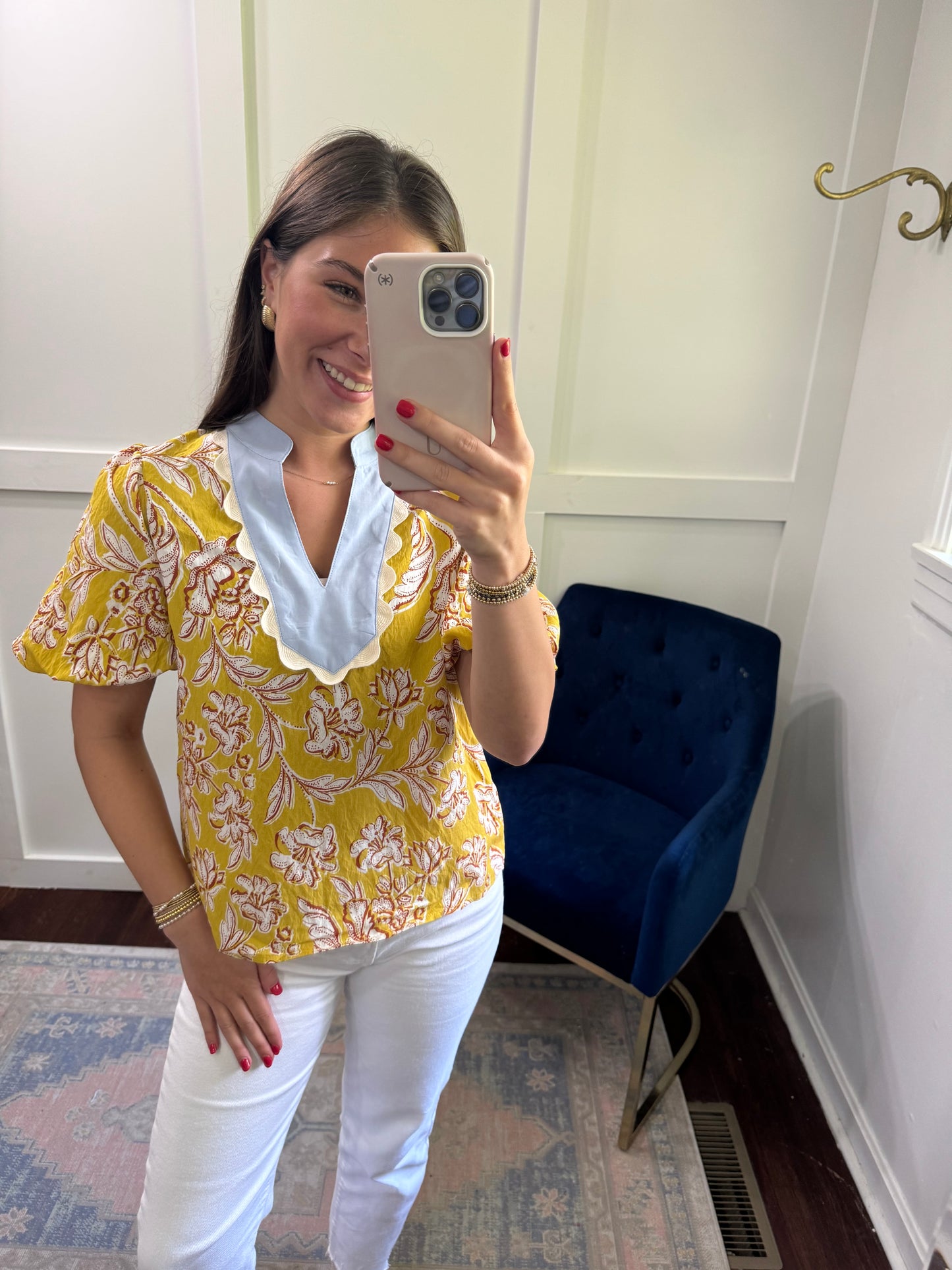 Yellow and brown floral top