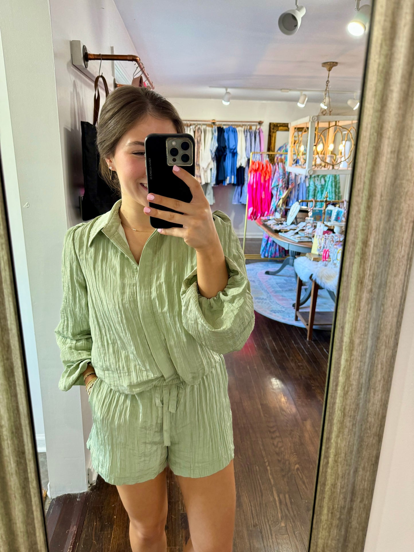 Sage crinkle button front top