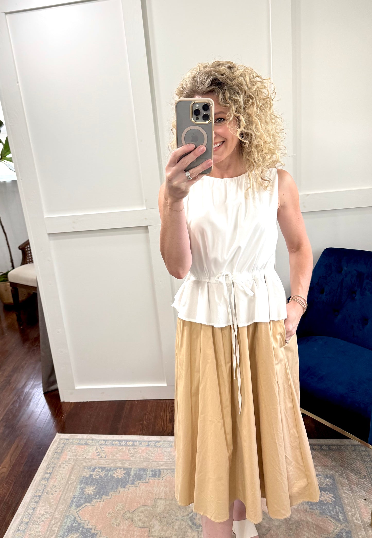 Taupe and white peplum midi