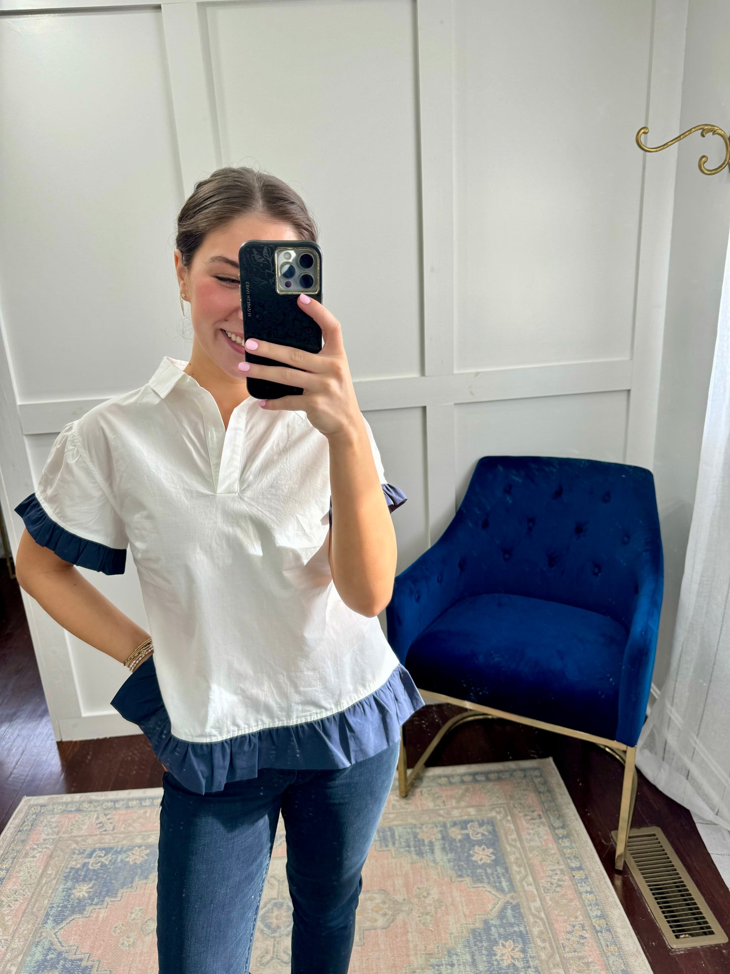 White navy poplin blouse