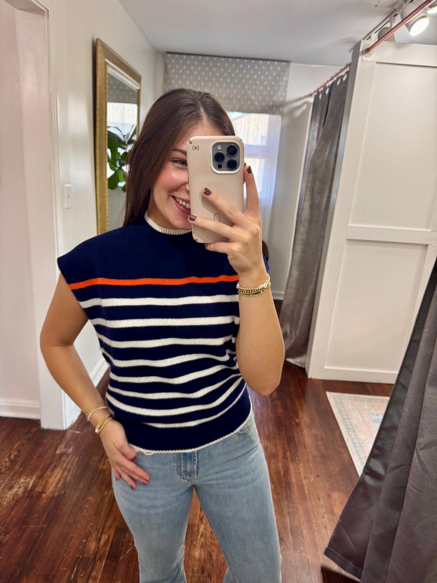 Navy white orange striped sweater