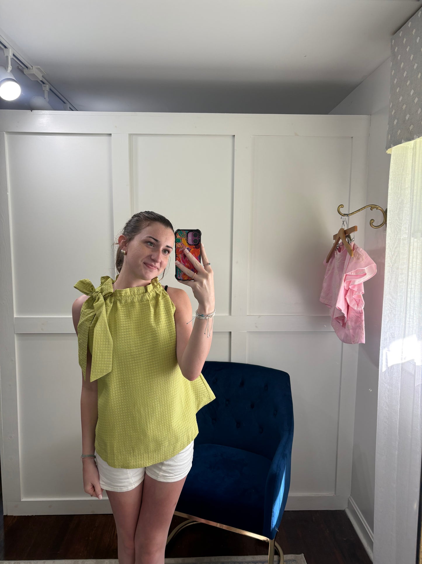 Chartreuse ruffle neck top