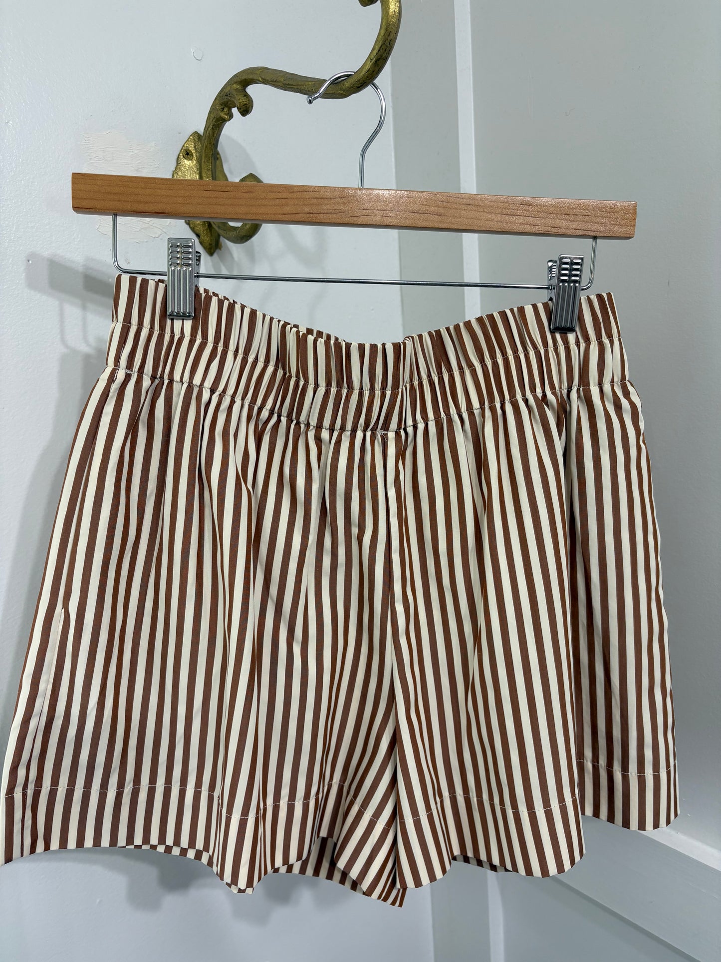 Brown and cream striped poplin shorts