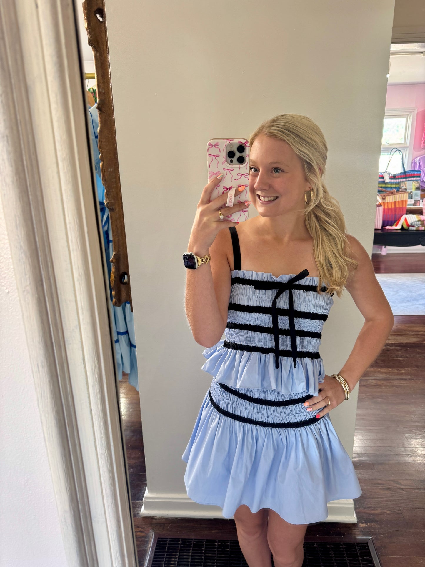 Blue and navy smocked top