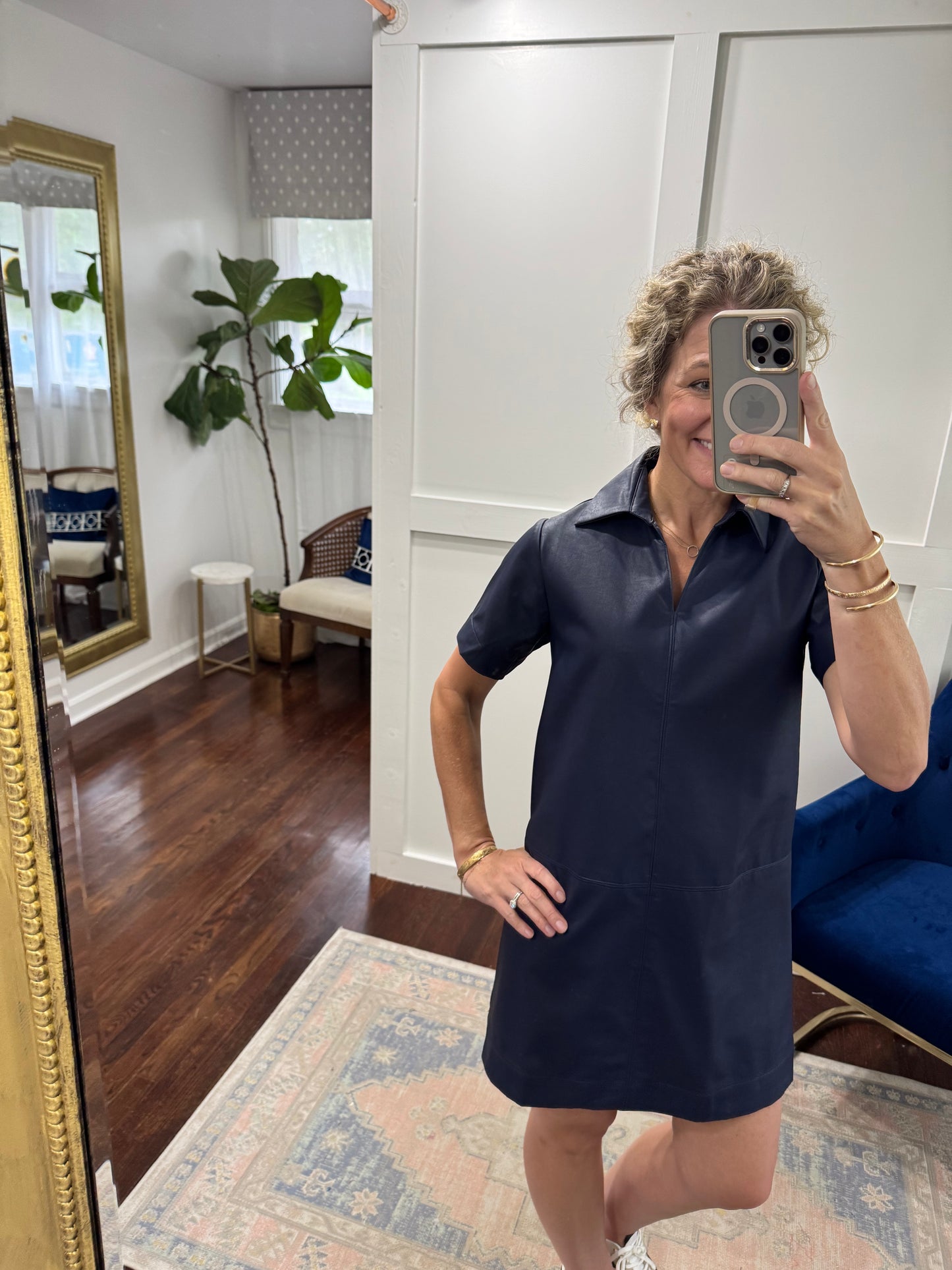 Navy leather dress