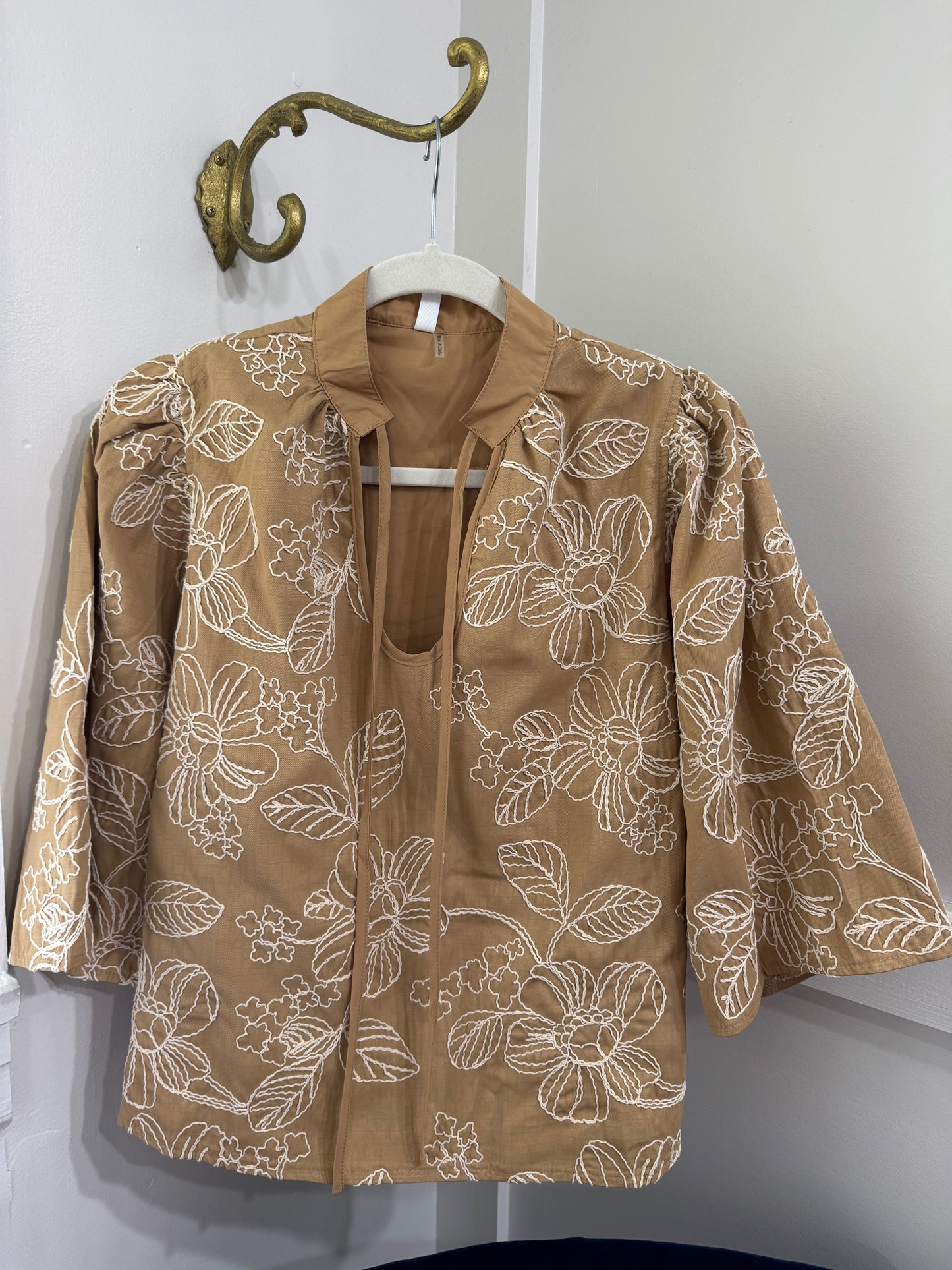 Taupe floral embroidered top