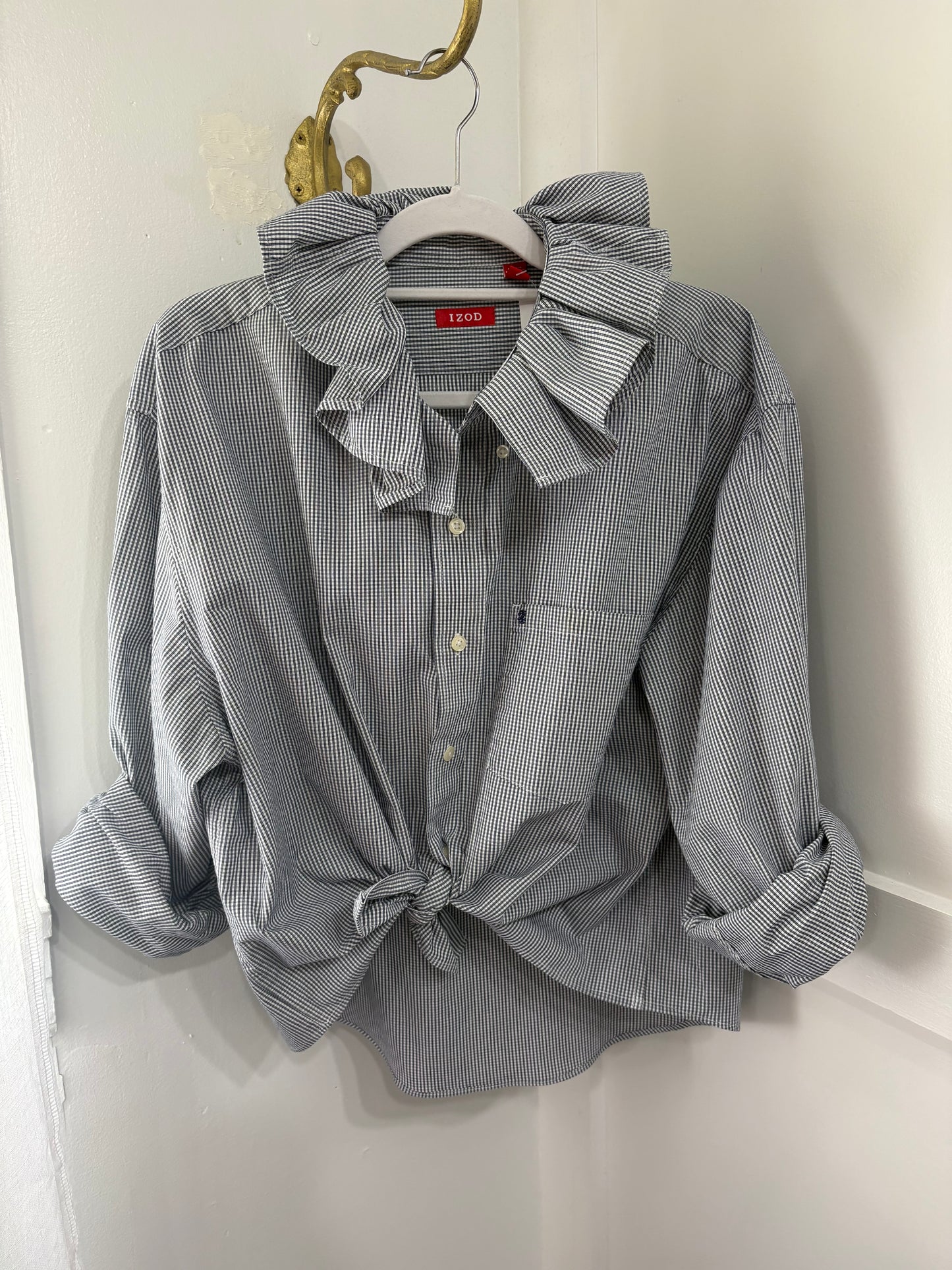 Navy check ruffle shirt