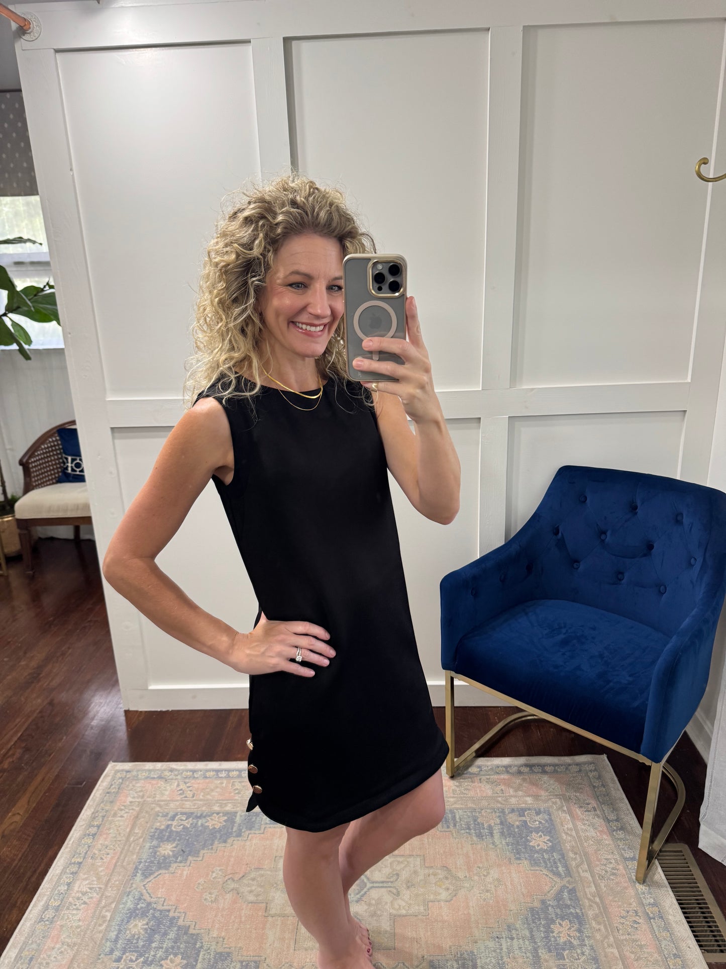 Black scuba dress with gold buttons