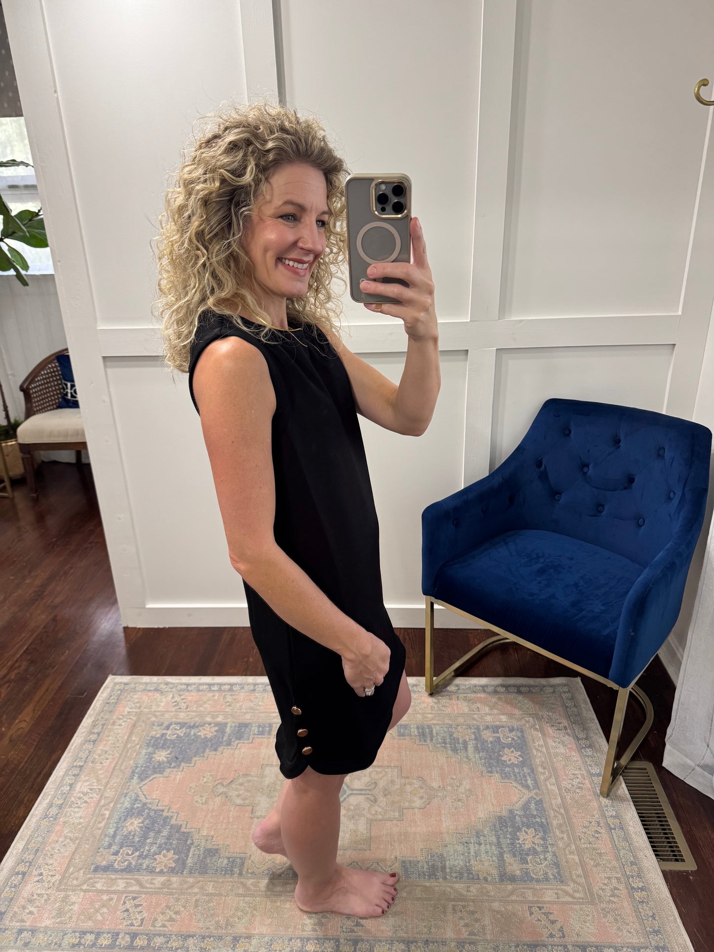 Black scuba dress with gold buttons