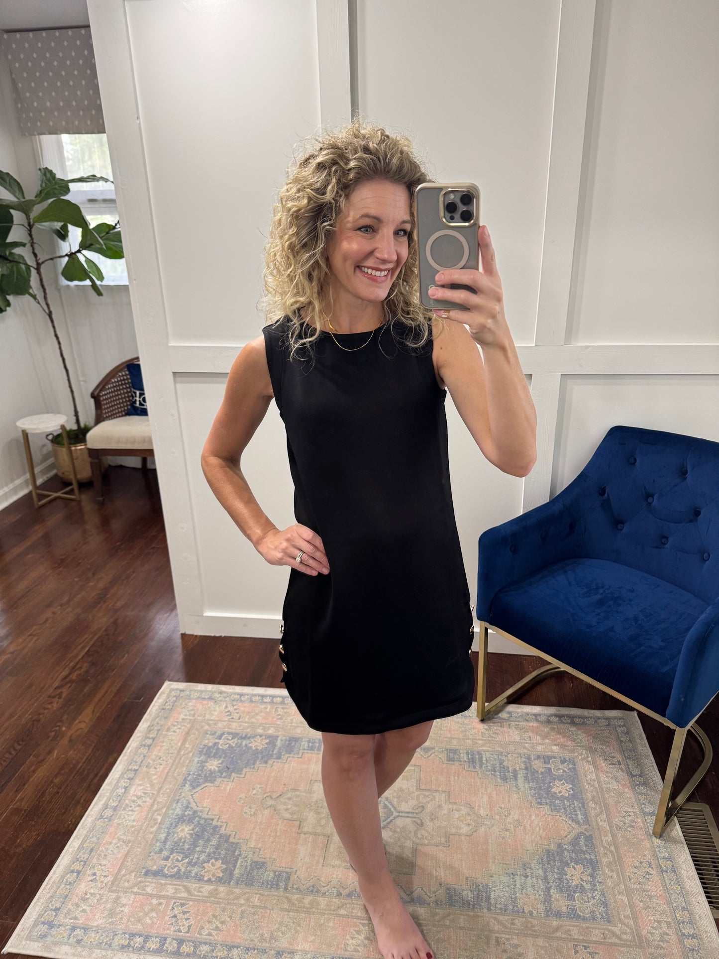 Black scuba dress with gold buttons