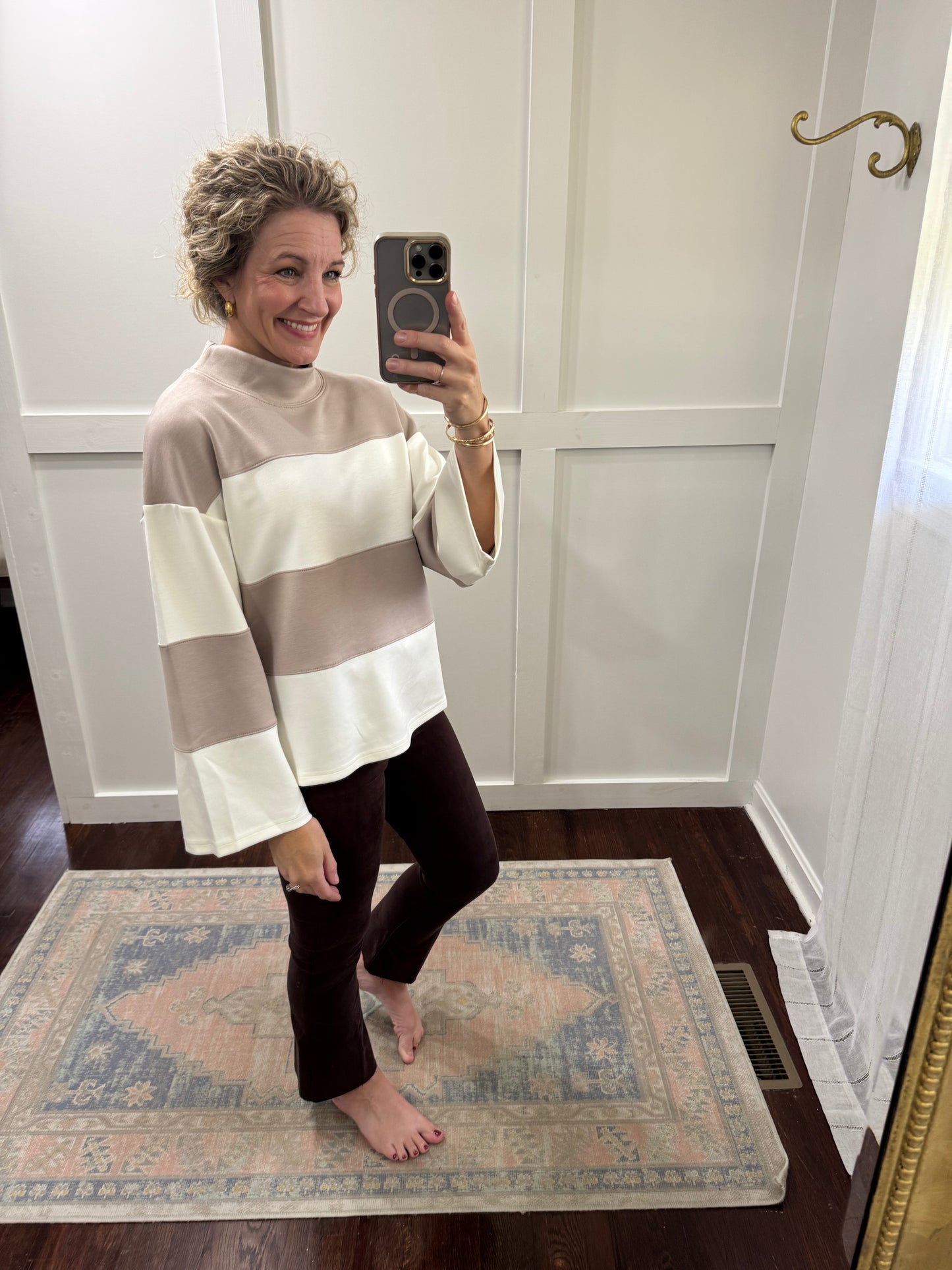 Taupe and ivory stripe top