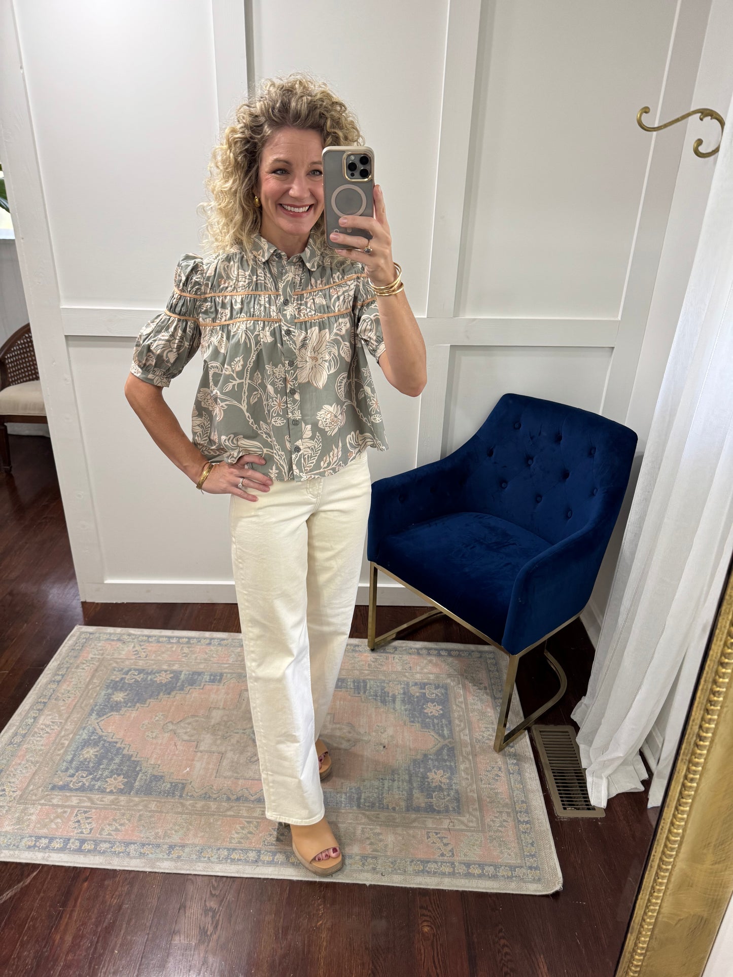 Sage button front floral top