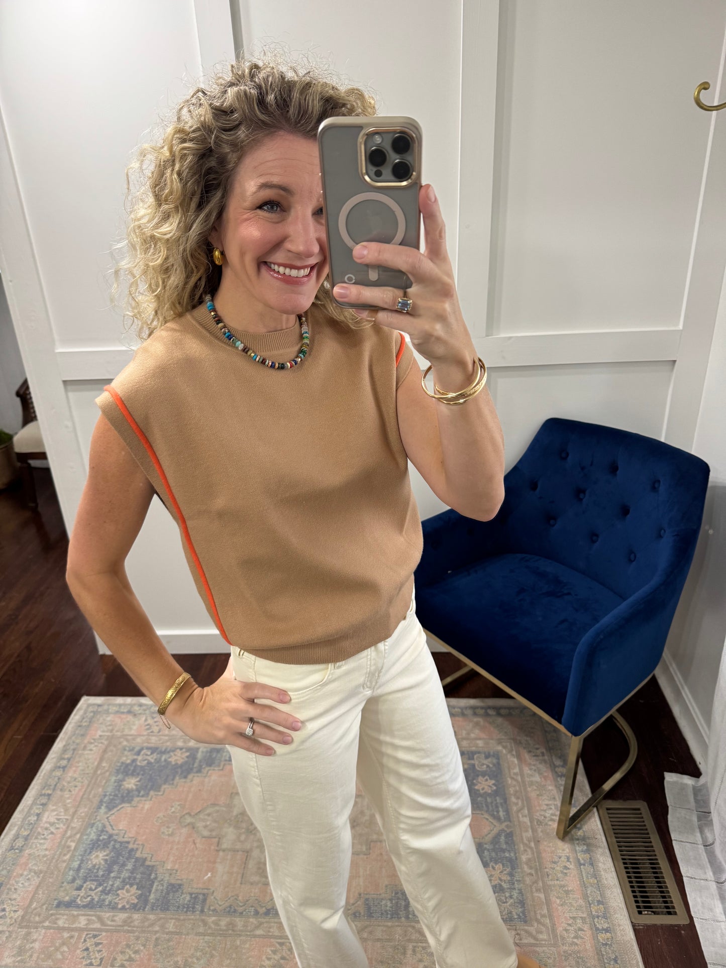 Beige tan and orange sweater