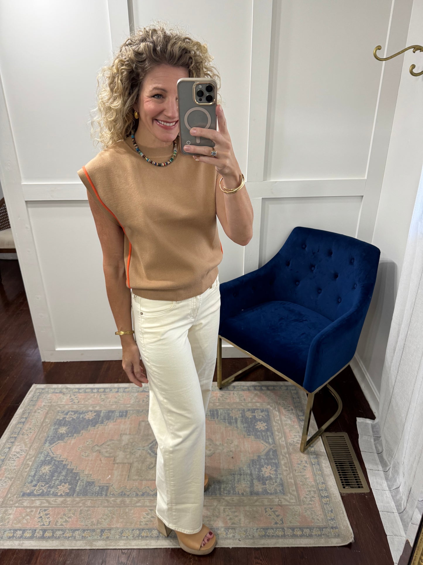 Beige tan and orange sweater