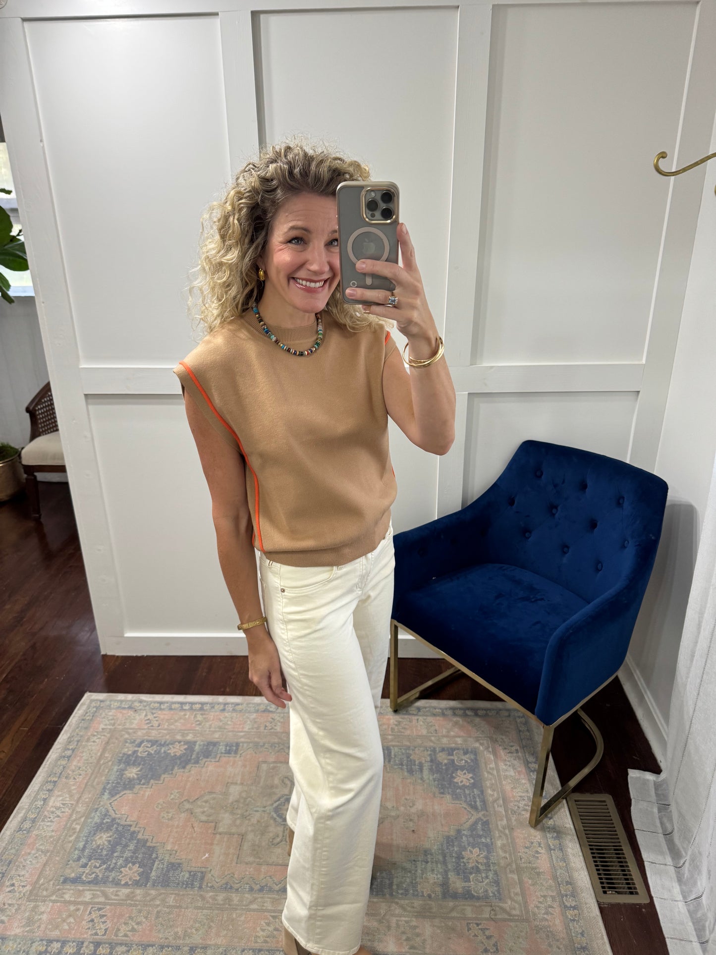 Beige tan and orange sweater