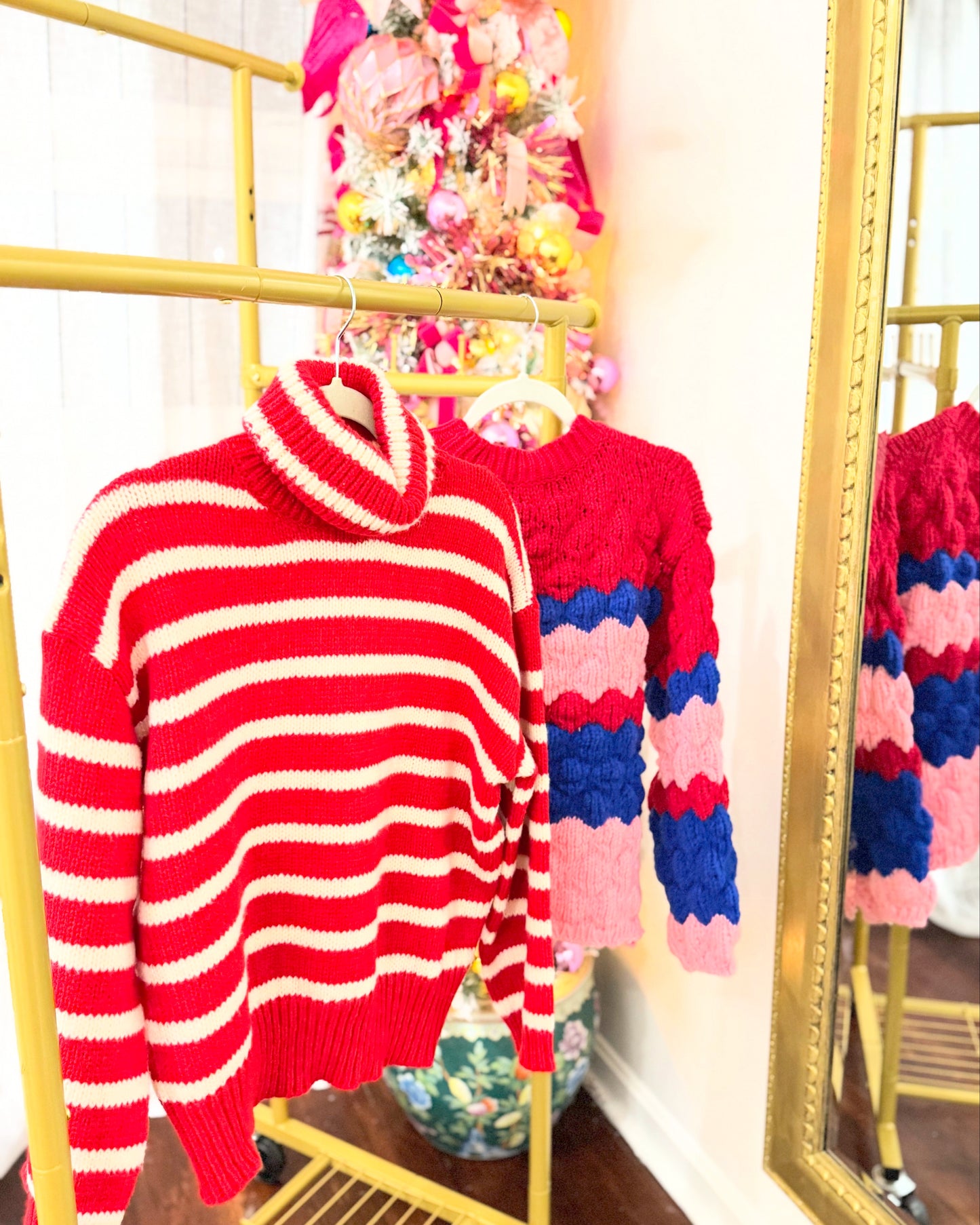 pink red blue colorblock sweater