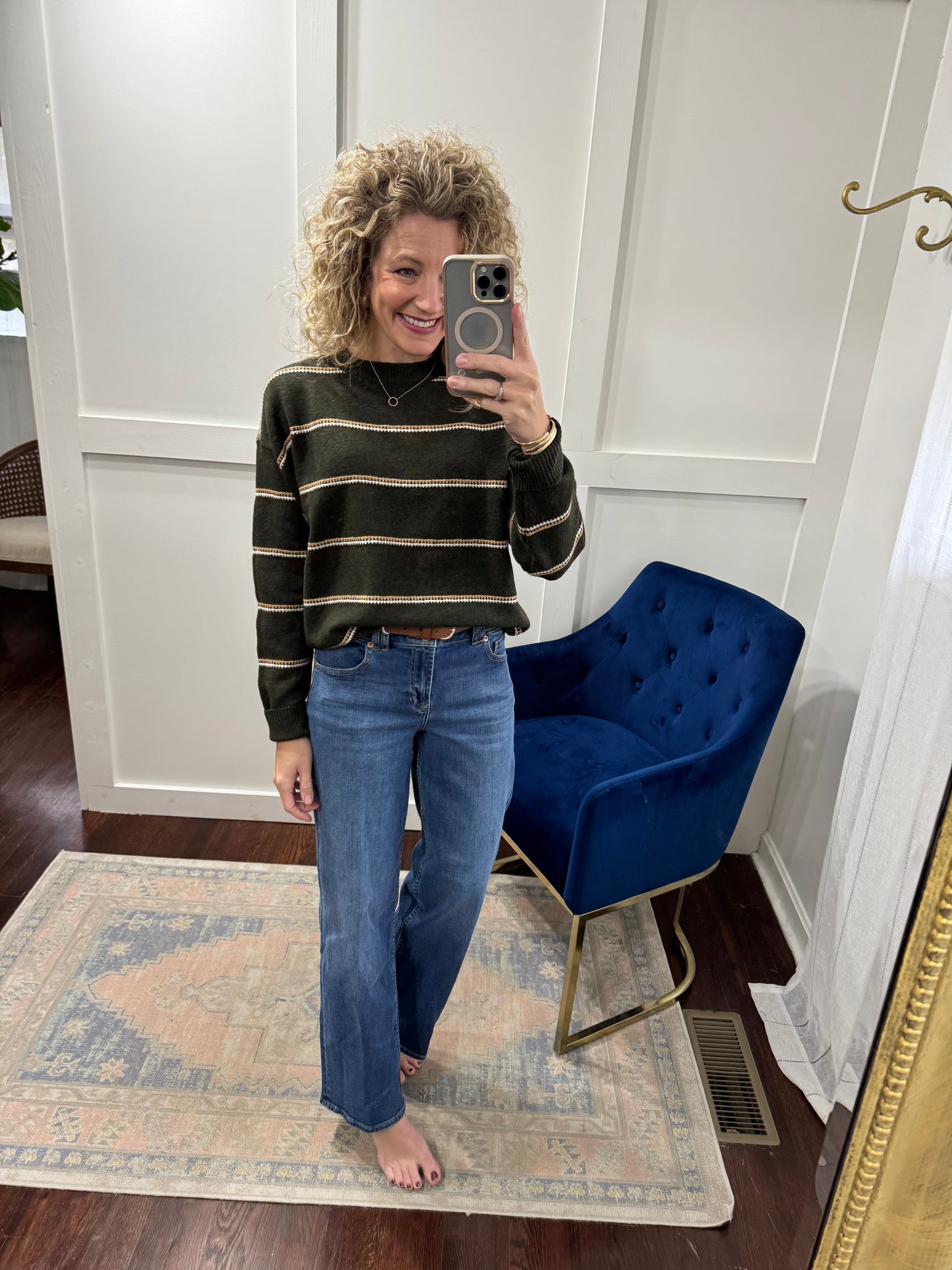 Olive camel stripe sweater