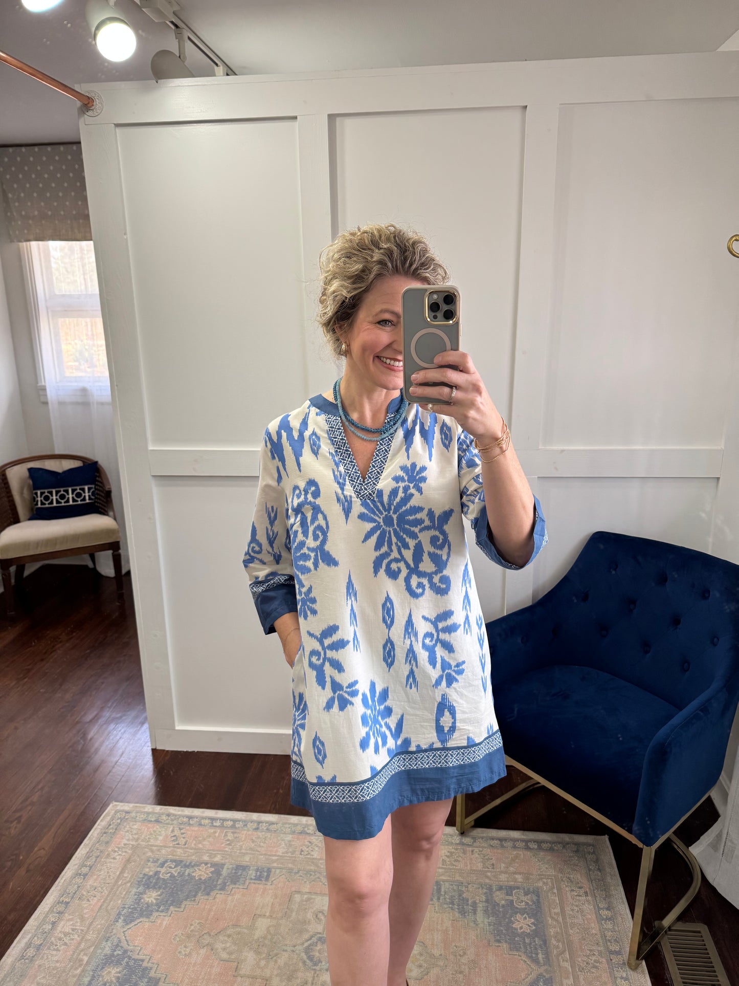 Blue ikat print dress