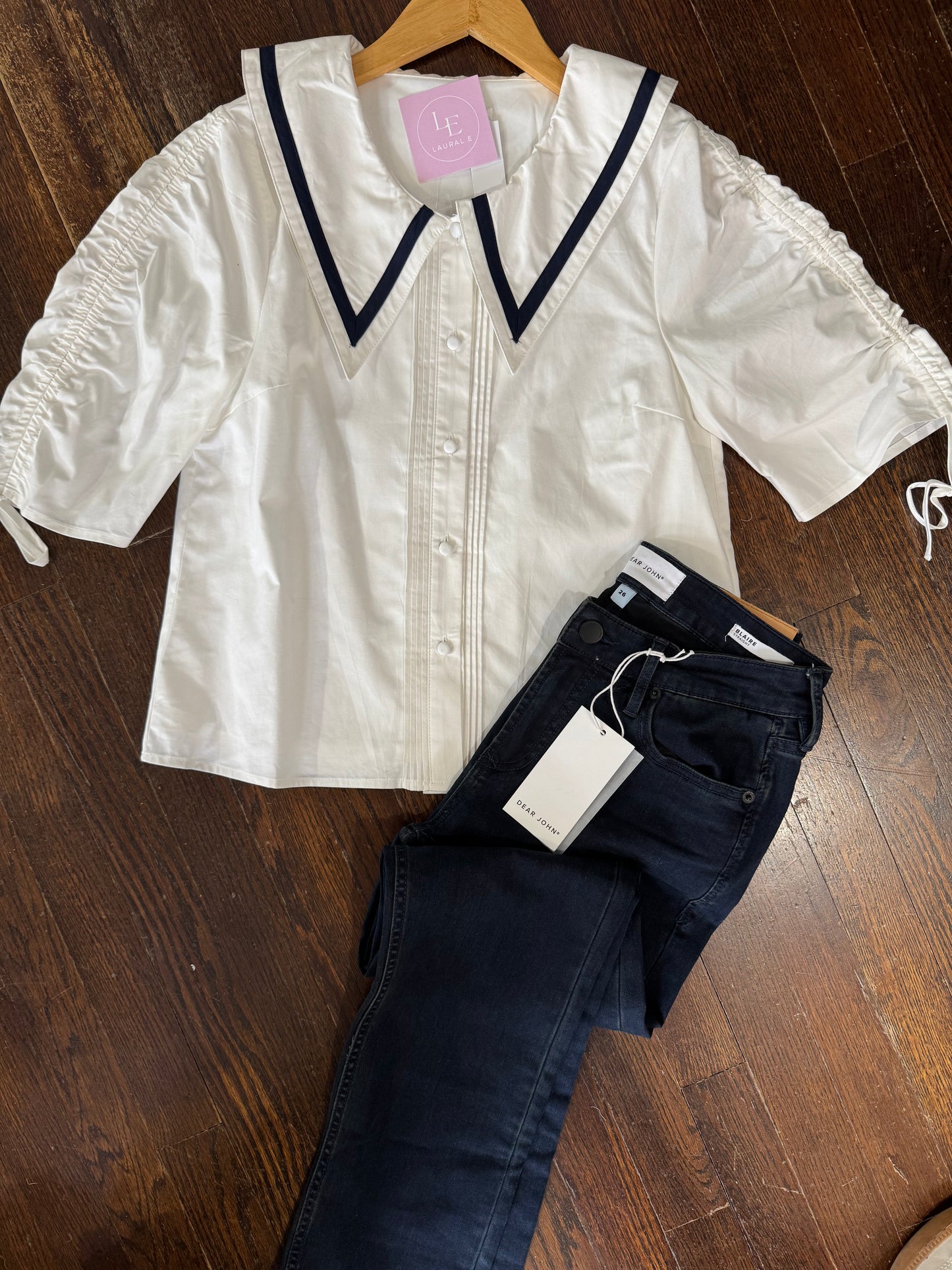 white and navy collar top